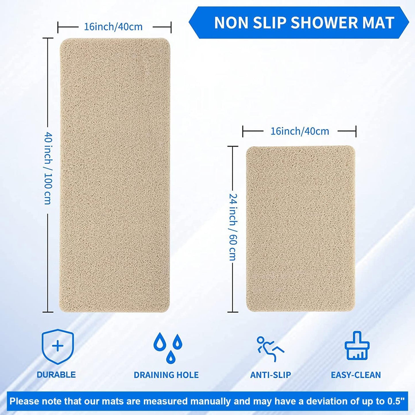 Non Slip Bathtub Mat, Foot Scrubber anti Slip Fast Drying Shower Mat for Tub, Floor,Bathroom, Home, Kitchen, Hotel, Beige, 24X16 Inches