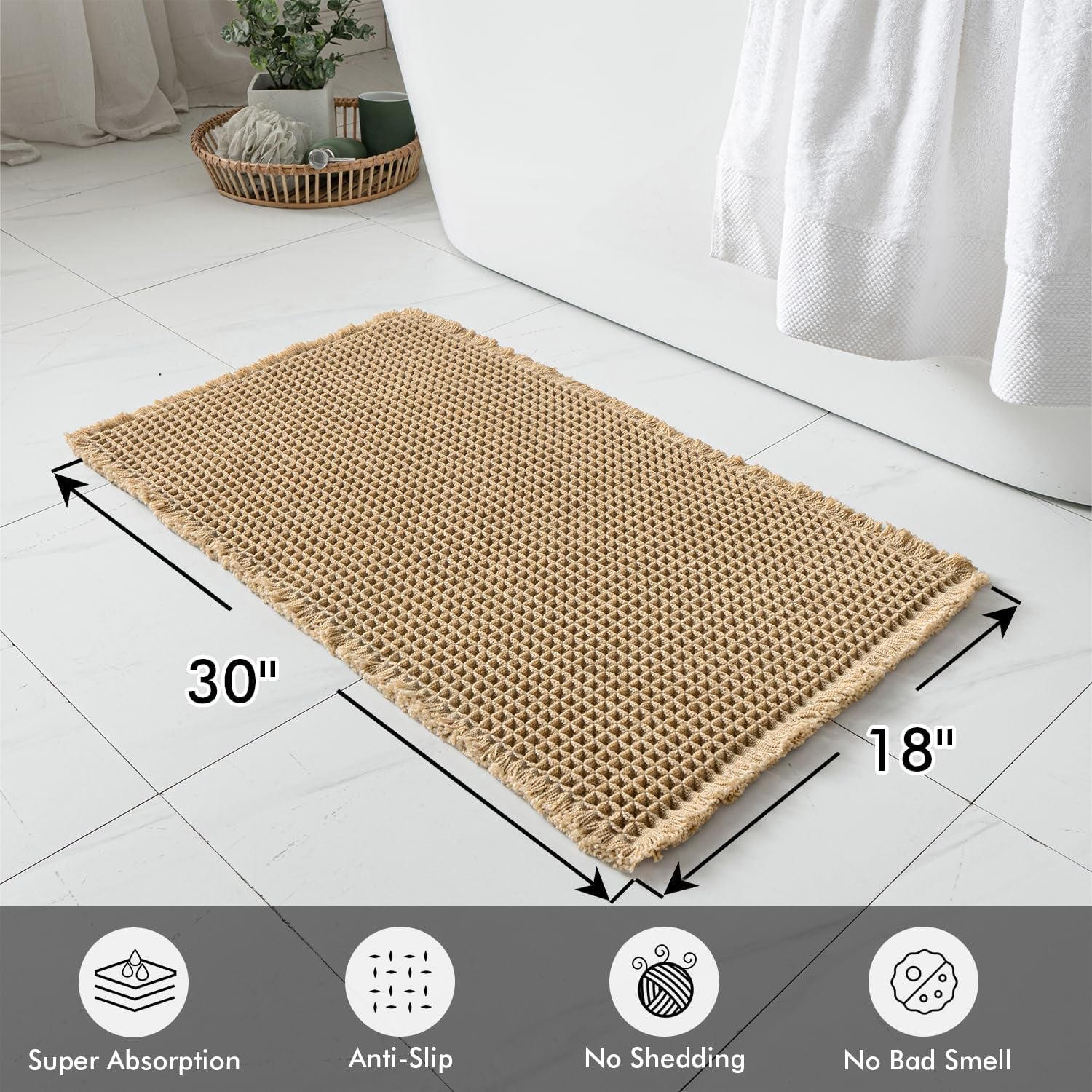 Set of 2 Non-Slip Waffle Bath Rugs, Washable and Super Absorbent Mats with Ultra Soft Rubber Backing, Brown, 18x30 Inches