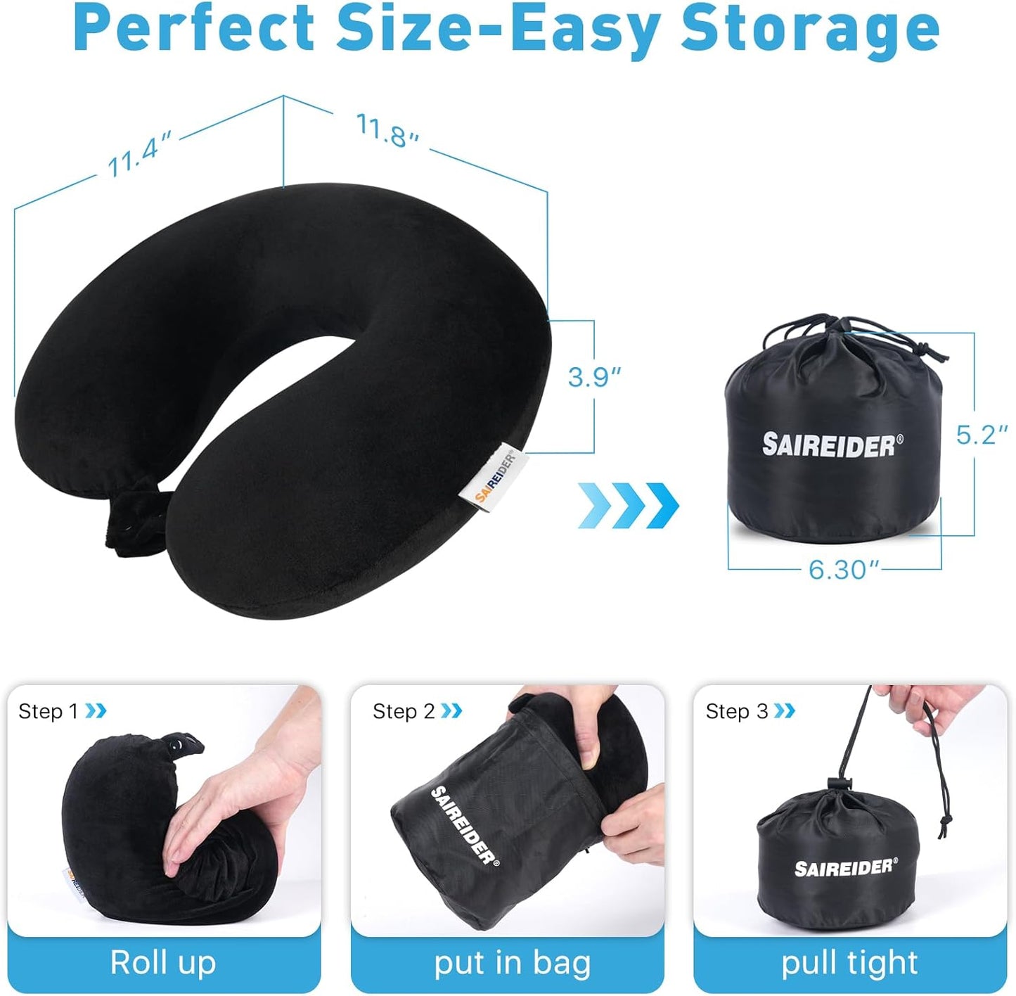 Travel Pillow 100% Pure Memory Foam Travel Neck Pillow with Storage Bag, Airplane Pillow for Traveling、Car、Home、Office,Washable Cover(Black)