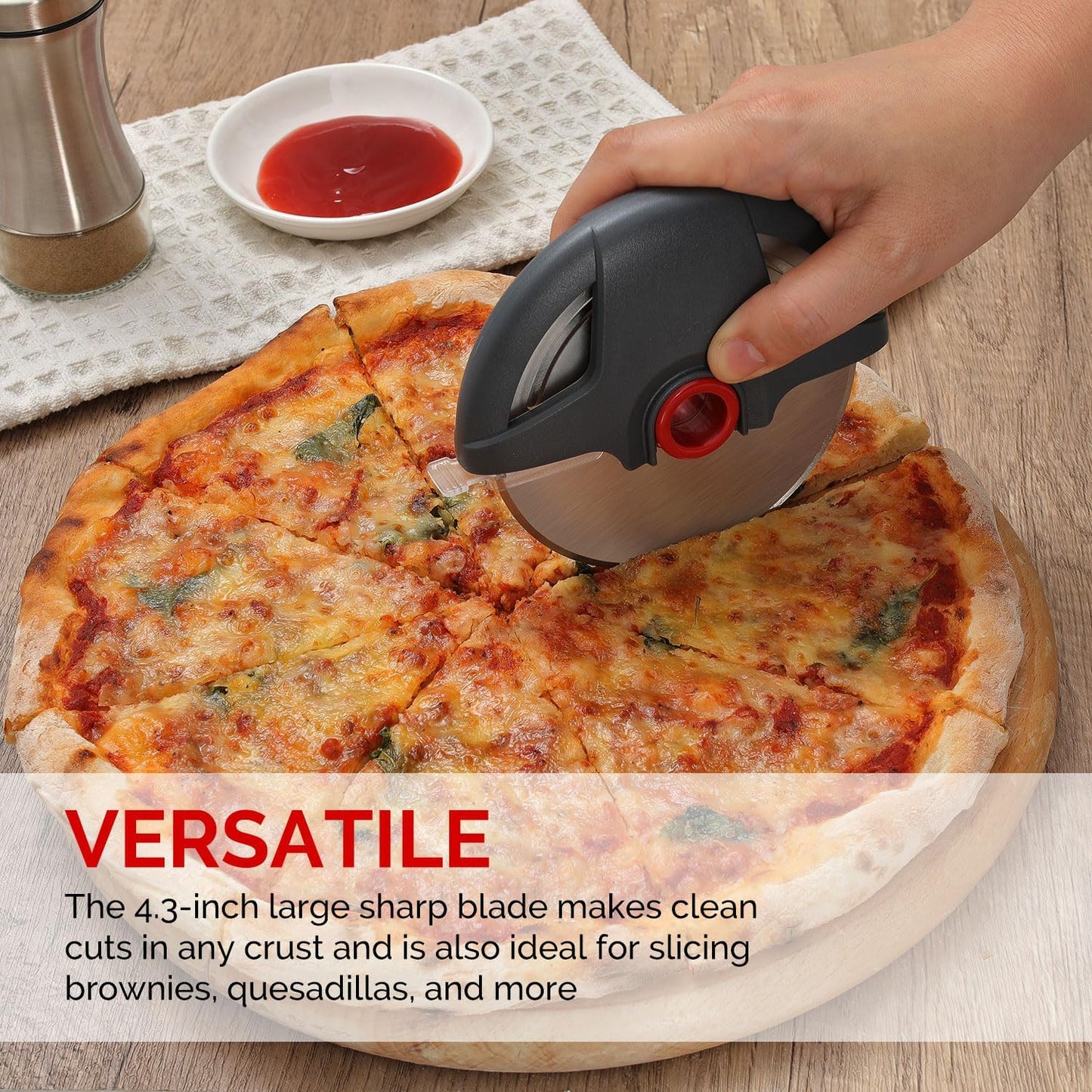 Pizza Cutter Wheel, Heavy Duty Pizza Slicer, Stainless Steel Large Pizza Wheel Blade with Safety Rotating Guard, Thickened Blade Ergonomic Handle Cut through Crust with Ease, Gray