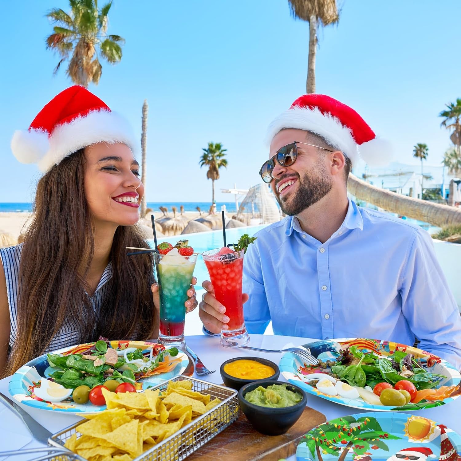 48Pcs Christmas in Summer Plates, Disposable 7 Inch and 9 Inch round Tableware Set, Xmas Tropical Holiday Decorations, Summer Christmas Paper Plates for July Christmas Beach Picnics Party