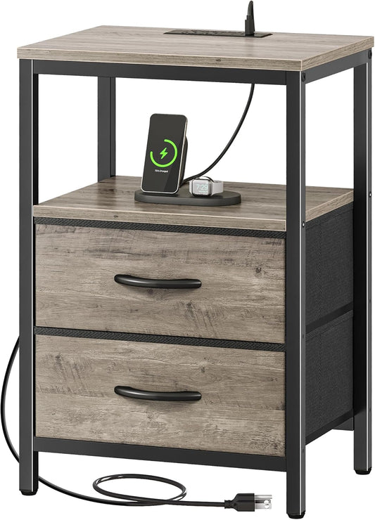 Oak Nightstand with Charging Station, Fabric Drawers, Open Shelf, USB Ports, and Outlets for Bedroom Use