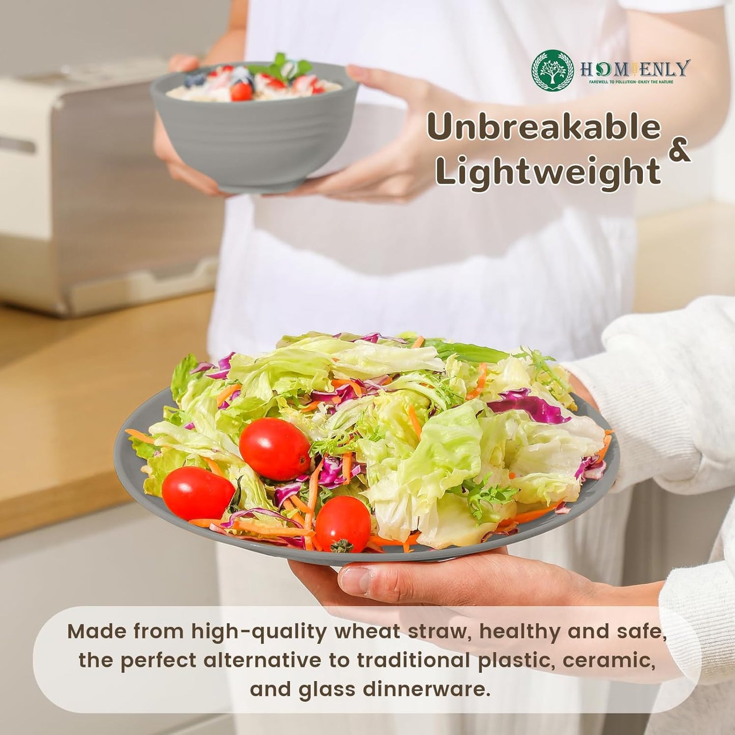 40-Piece Grey Wheat Straw Dinnerware Set, Durable and Non-Breakable Tableware for 8, Microwave, Dishwasher, and Freezer Safe