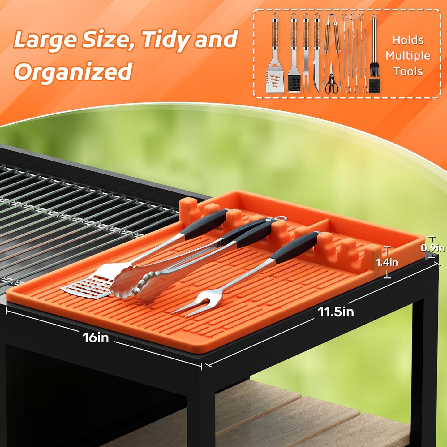 Silicone Griddle Mat with Seasoning Jar Holder and Side Shelf Pad for Outdoor Grilling Accessories, BBQ Tool Rest, and Kitchen Aid Attachments (Orange)