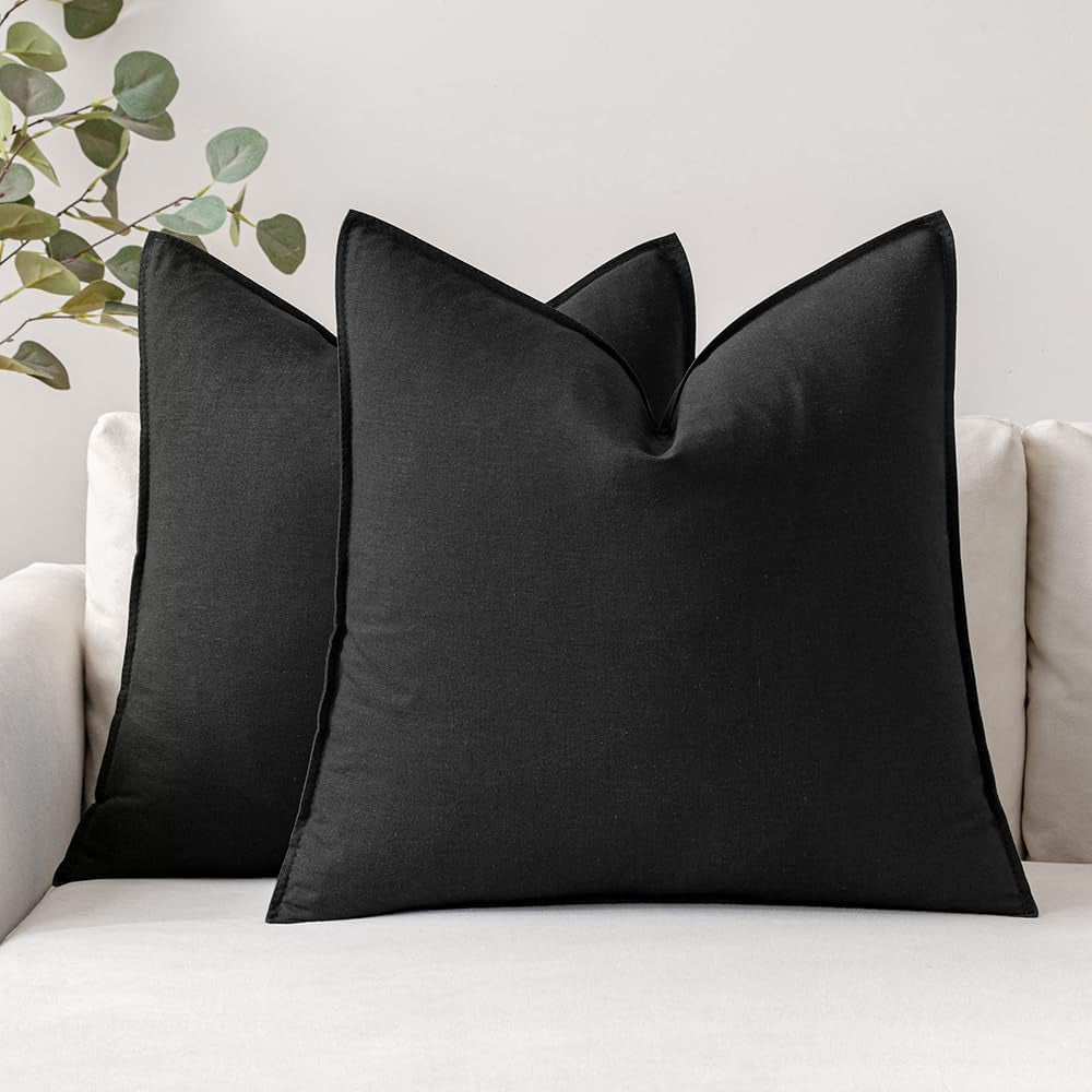 Pack of 2 Decorative Linen Pillow Covers Boho Farmhouse Modern Soft Accent Throw Pillows Neutral Cushion Covers for Sofa Couch Bed Living Room Home Decor, 18X18 Inch Black
