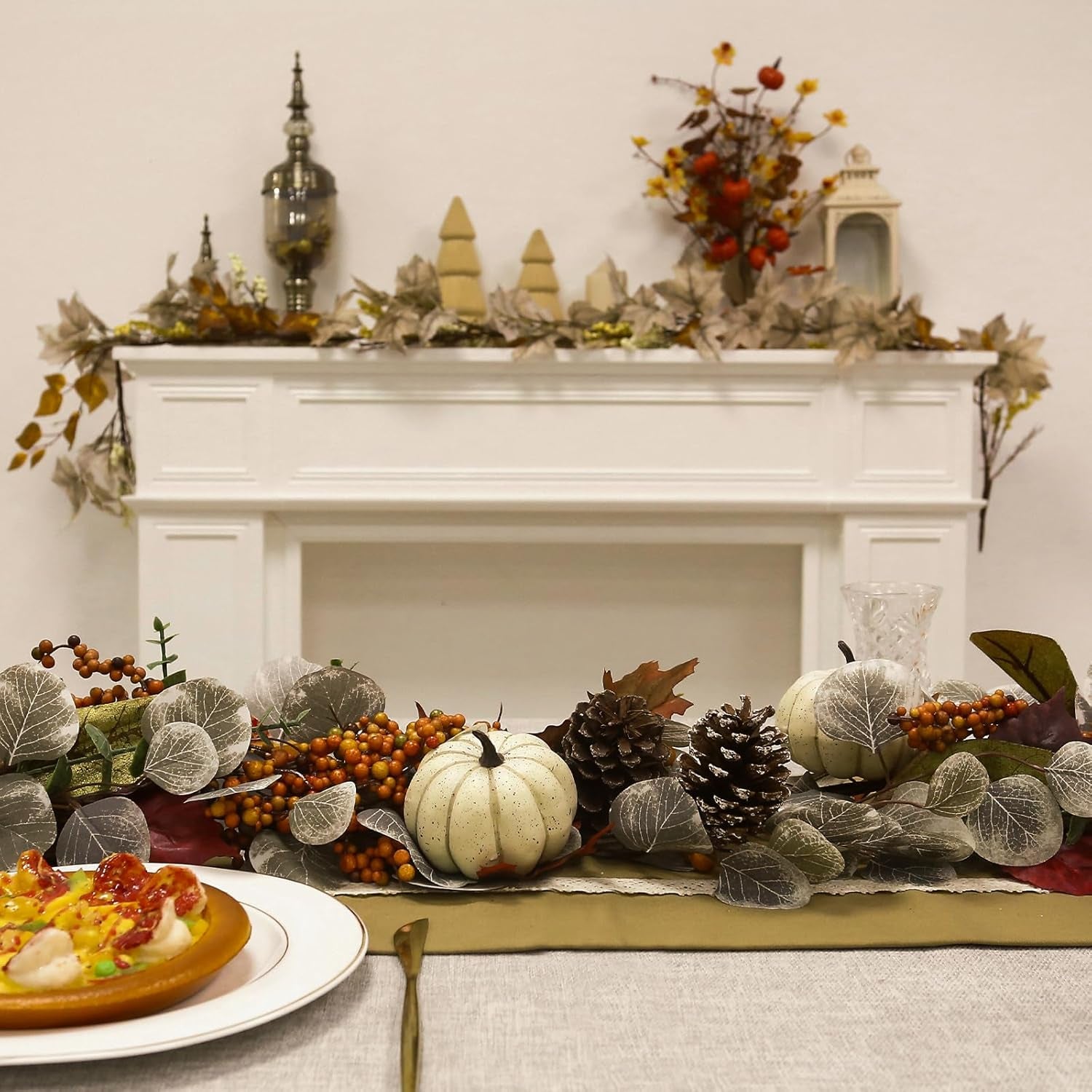 Fall Leaves Garland for Mantle, 6Ft Greenery Leaf Garland with Pumpkins and Fall Eucalyptus for Table,Mantle,Fireplace,Autumn and Thanksgiving Decor