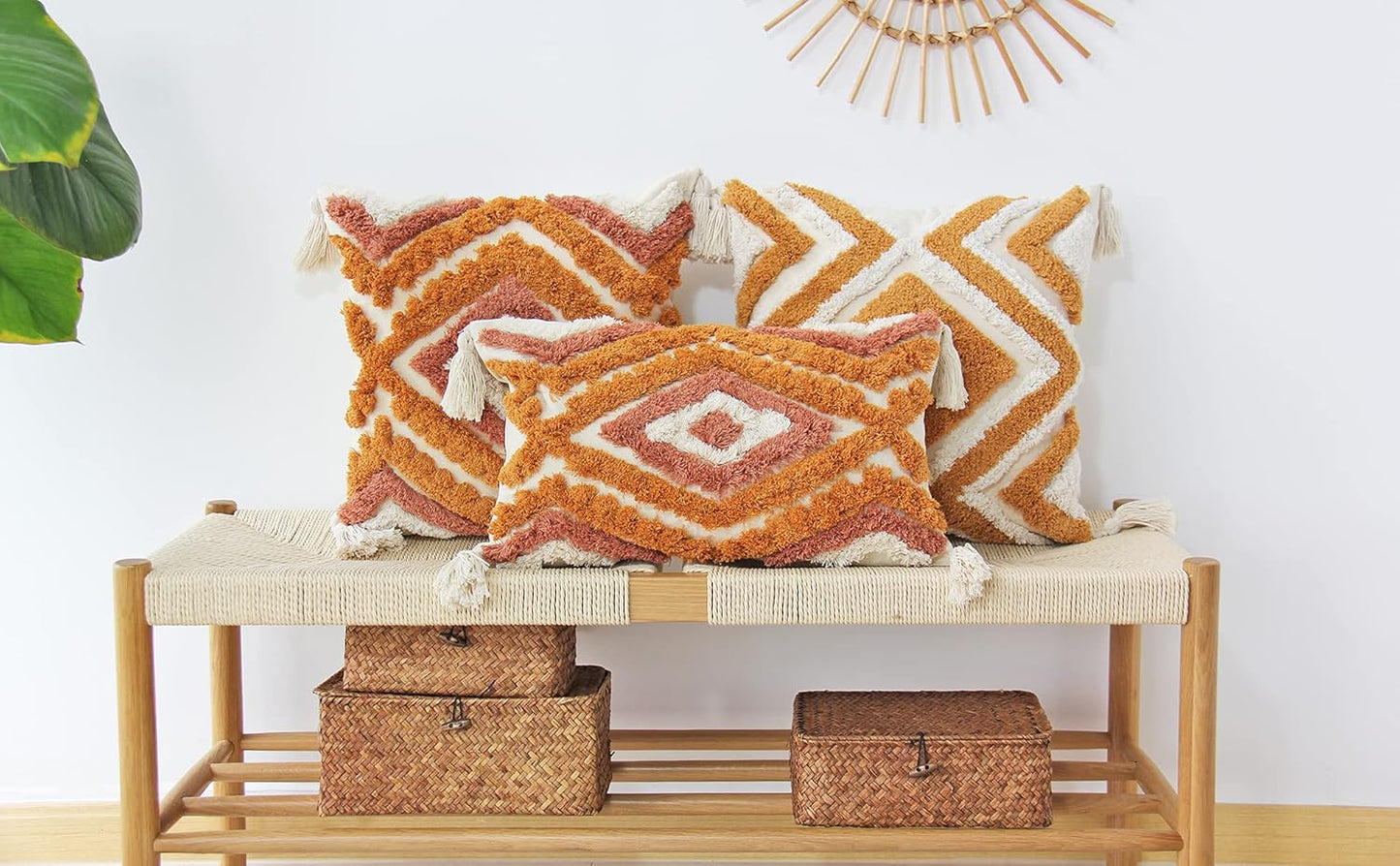 Boho Lumbar Throw Pillow Covers with Handmade Tassels Decorative Woven Tufted Orange Lumbar Pillowcase for Couch Bedroom 12 X 20 Inch