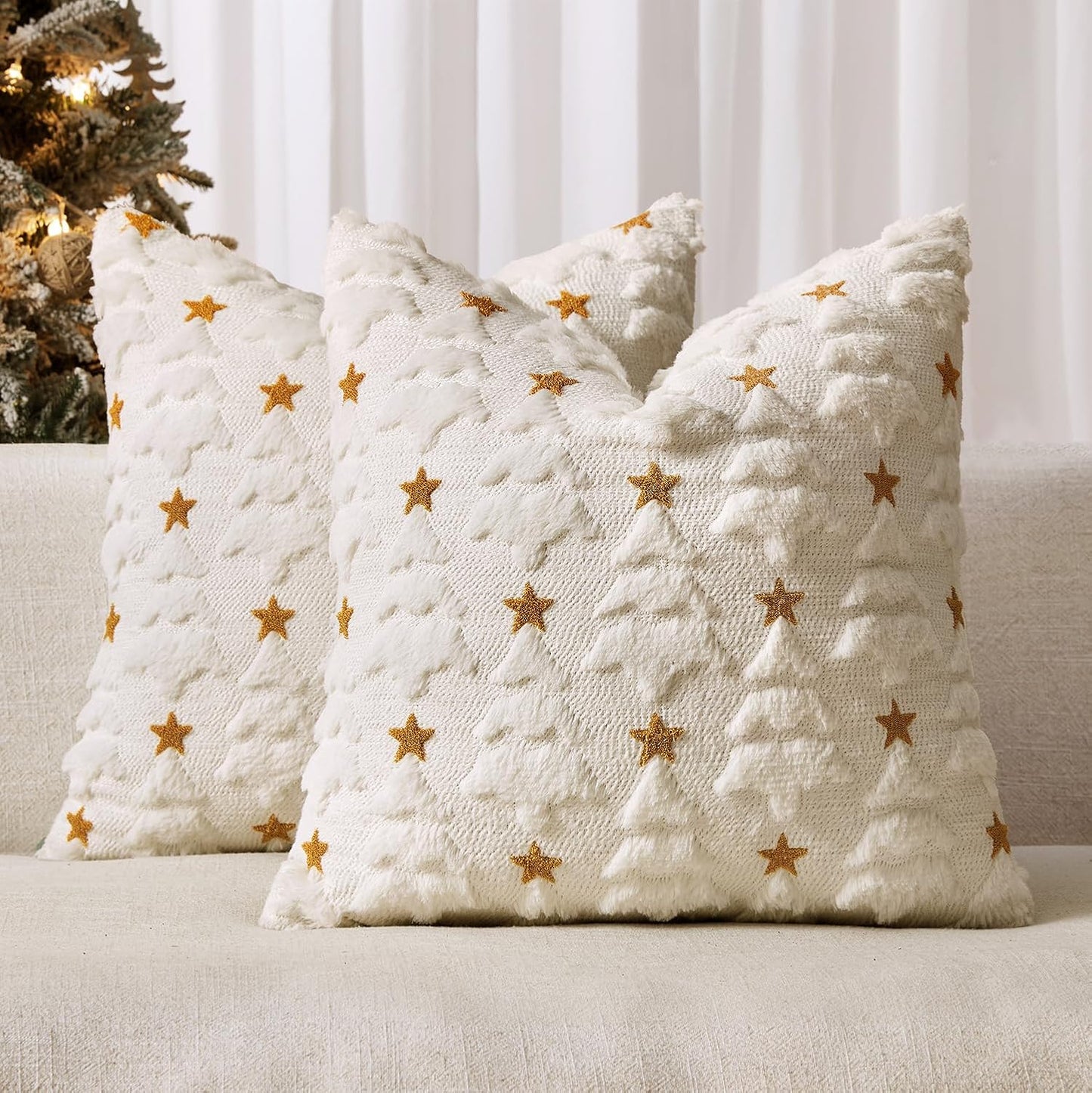 Christmas Pillow Covers 18X18 Inch Set of 2, Cream White Christmas Tree Plush Faux Fur Pillowcases Soft Decorative Throw Pillow Cases for Couch, Sofa Living Room Winter Xmas Holiday Home Decor