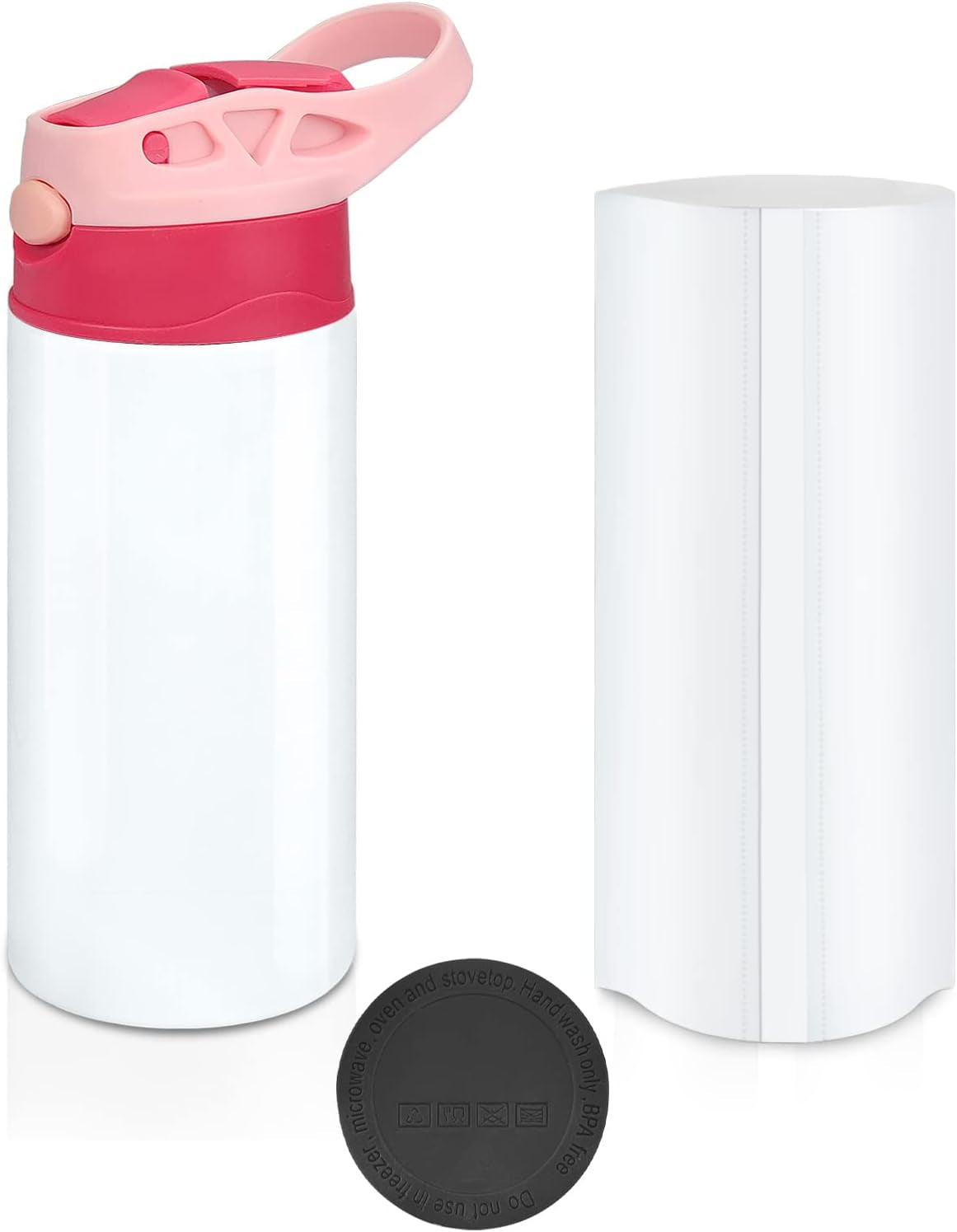 Kids Sublimation Tumbler,12Oz Sublimation Water Bottle Blanks,Straight Stainless Steel Todder Sippy Cup,Double Wall Insulated Sippy Tumbler with Handle,Shrink Films,Leak Proof (Pink)