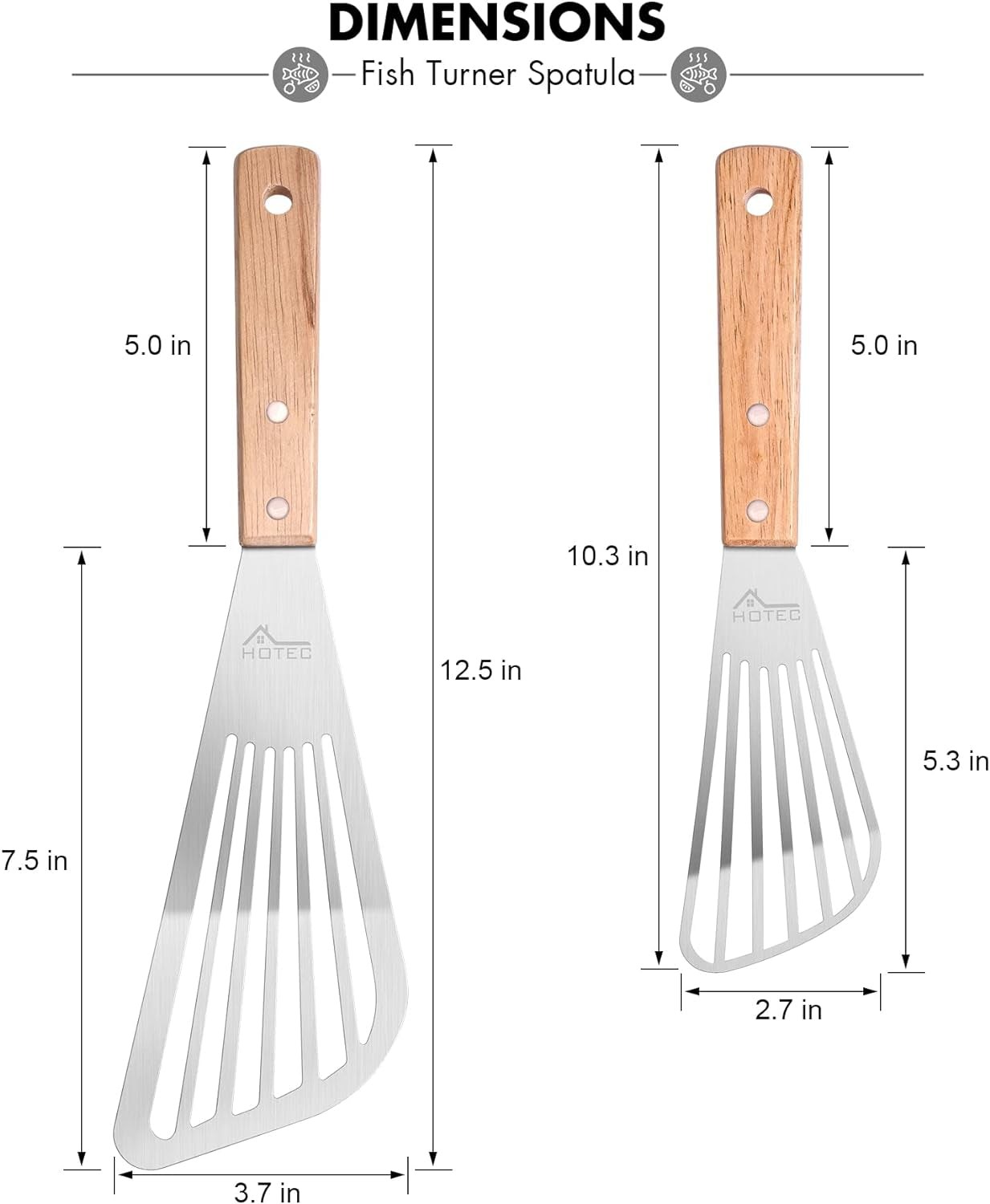 2Pcs Stainless Steel Wooden Handle Fish Spatula, Metal Spatula Flipping Foods