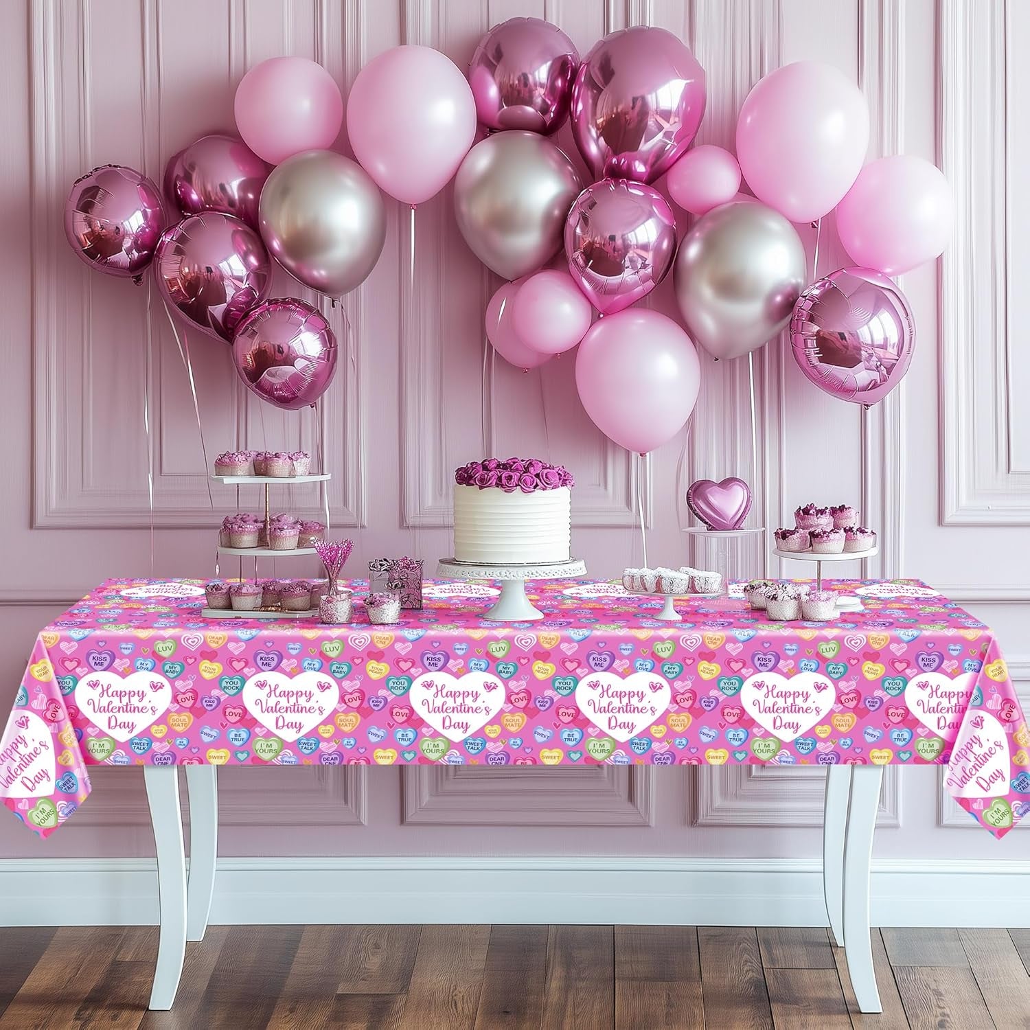 Set of 4 Disposable Waterproof Tablecloths, 54x108 inches, Featuring Love Hearts and Text for Galentine's Day, Weddings, Anniversaries, Engagements, and Celebrations