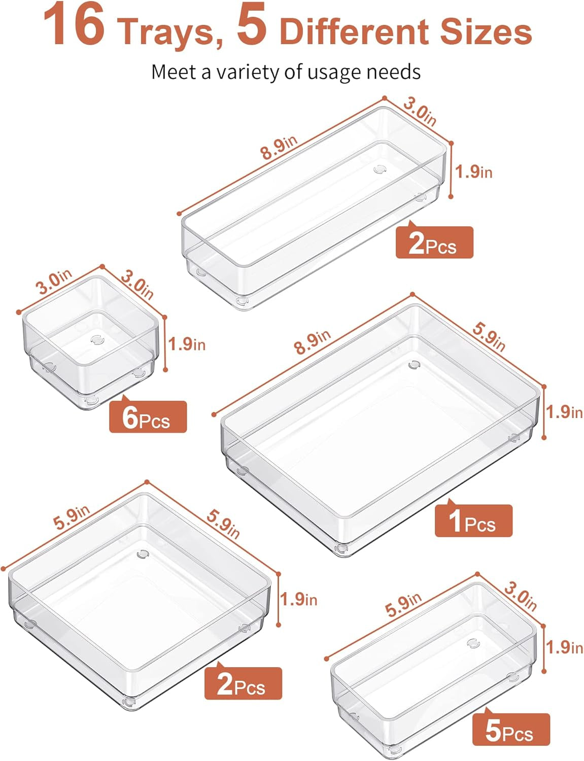 16-Piece Drawer Organizer with Non-Slip Silicone Pads, 5-Size Desk Storage Tray for Makeup, Jewelries, Utensils in Bedroom Dresser, Office and Kitchen, Clear
