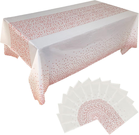 12-Pack Rose Gold Dot Confetti Disposable Tablecloths 54" x 108" with Table Runner for Weddings, Events, Birthdays, Baby Showers, and Anniversaries