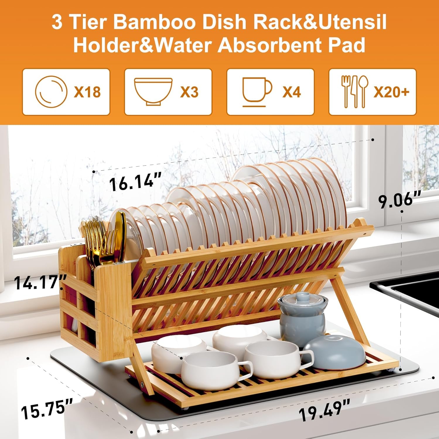 Bamboo Dish Drying Rack with Utensil Holder, 3 Tier Collapsible Dish Rack, Wooden Dish Racks for Kitchen Counter, Large Folding Drying Holder with Absorbent Dish Drying Mat