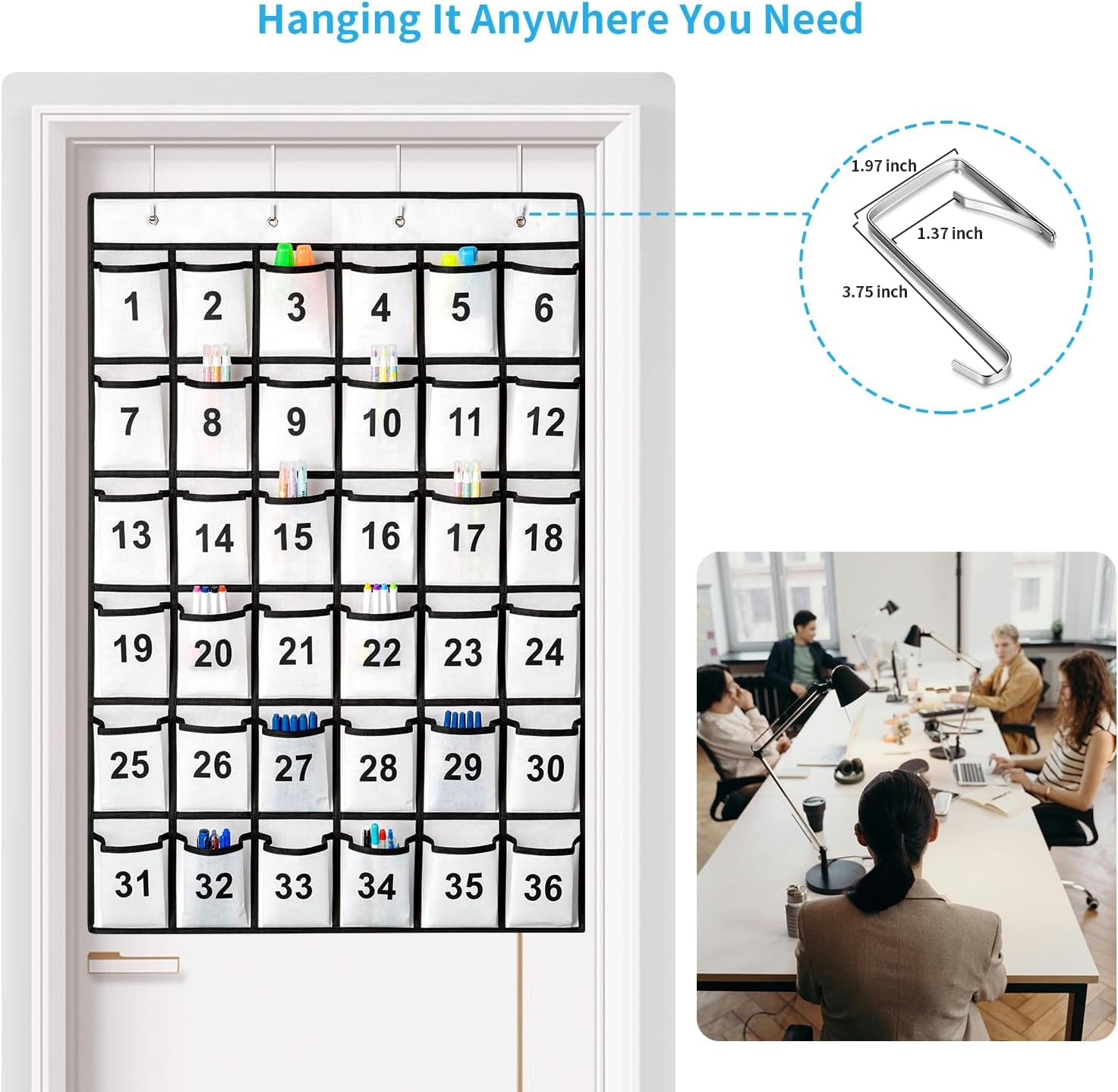 36-Pocket Numbered Classroom Pocket Chart for Cell Phone and Calculator Storage with 4 Stainless Steel Hooks (White)