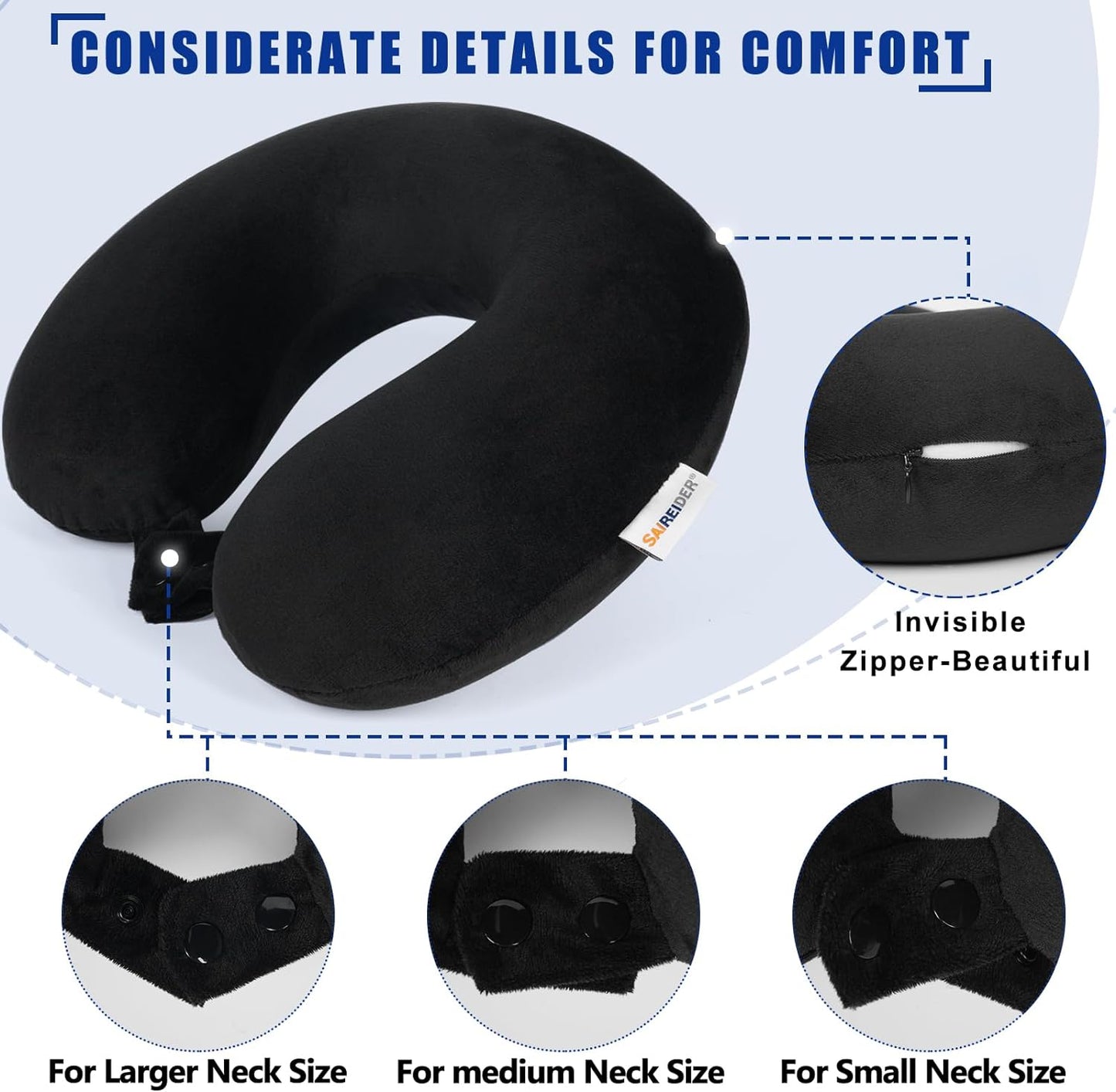 Travel Pillow 100% Pure Memory Foam Travel Neck Pillow, Airplane Pillow for Traveling、Car、Home、Office,Washable Cover(Black)