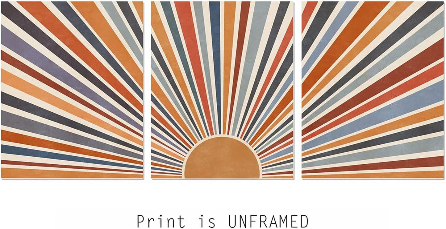 Sun Rays Print Boho Wall Decor Mid Century Modern Geometric Sunshine Wall Art Abstract Sun Boho Print Nursery Blue Orange Decor Set of 3 UNFRAMED 11X14INCH
