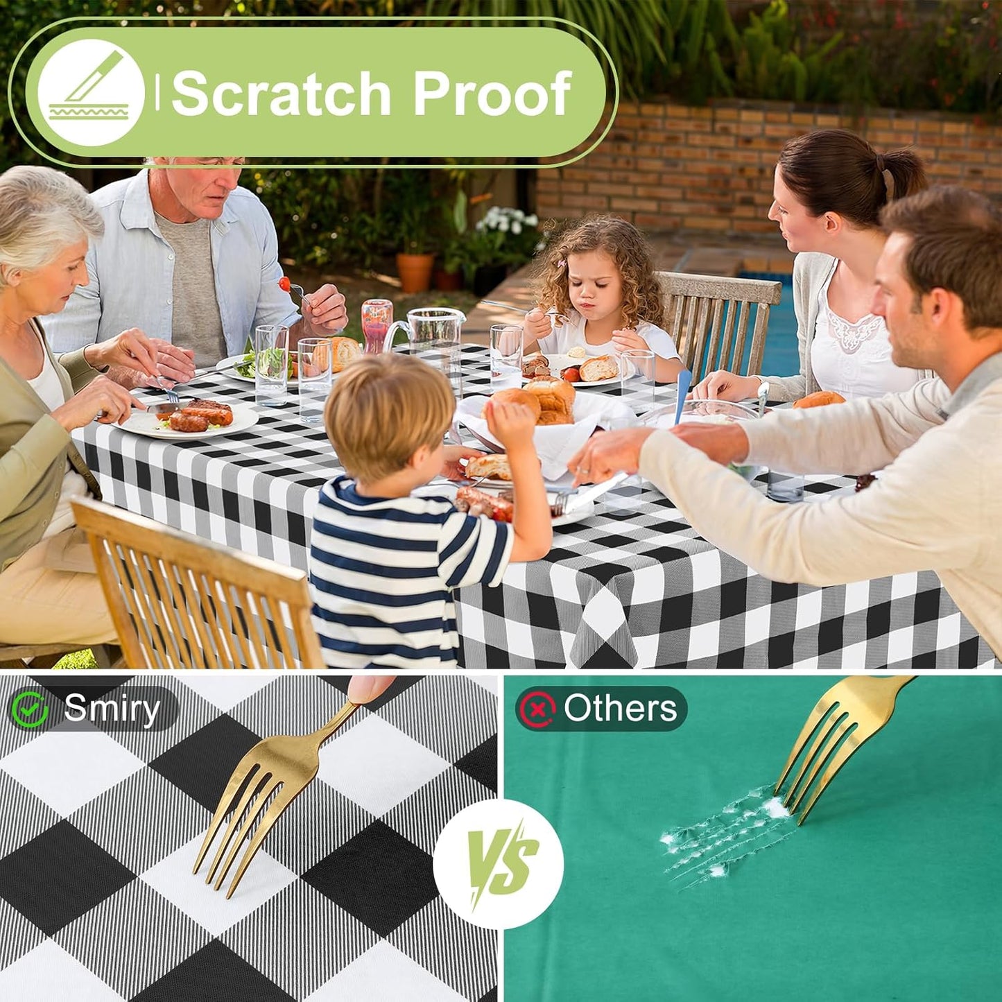 Rectangular Waterproof Vinyl Tablecloth with Flannel Backing, Wipeable Buffalo Plaid Design for Indoor and Outdoor Dining (Black & White, 60" x 84")