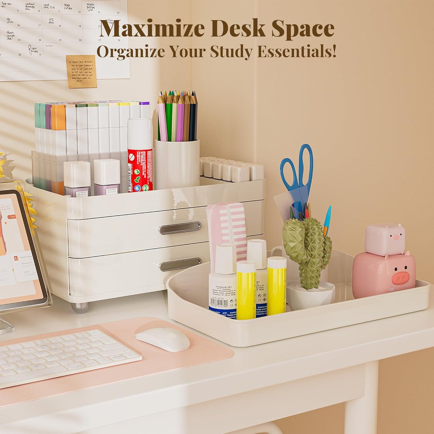 Bathroom Counter Organizer with Lipstick Holder, Acrylic 4-Tier 2-Drawers Makeup Organizer, Bathroom Organizers and Storage for Vanity, Office Supplies, Perfume, Skincare, Face Mask, White