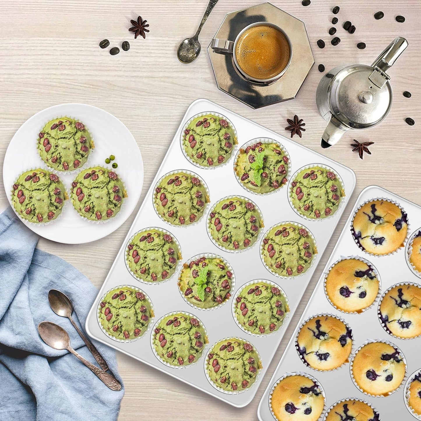 Muffin Pan Cupcake Baking Pan Set, Stainless Steel Muffin Tin Tray for Mini Cake Tart Quiche, Oven & Dishwasher Safe, Non-Toxic & Heavy-Duty, (12 Cup, 2Pcs)
