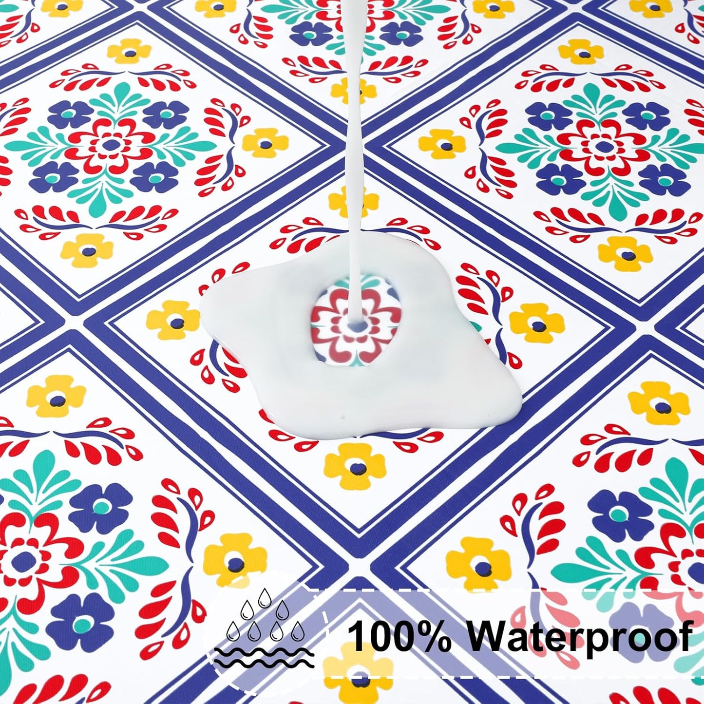 round Fitted Tablecloth with Elastic Edge, 100% Waterproof Oil Proof Plastic Table Cover, Vinyl Flannel Backed Tablecloth Fits 36"-44" round Tables for Dinner, Outdoor, Picnic, Geometric Flower