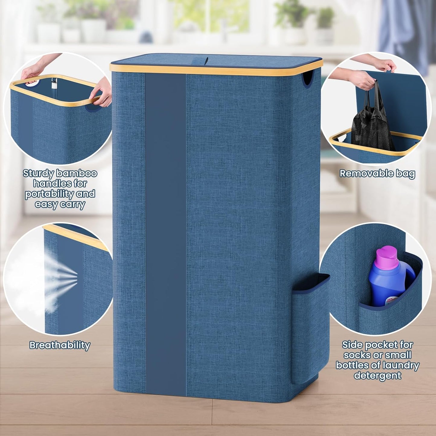 100L Laundry Basket with Lid and Removable Bag, Breathable Design Hamper with Handles for Bedroom, Bathroom, Dorm, and Laundry Room - Light Blue