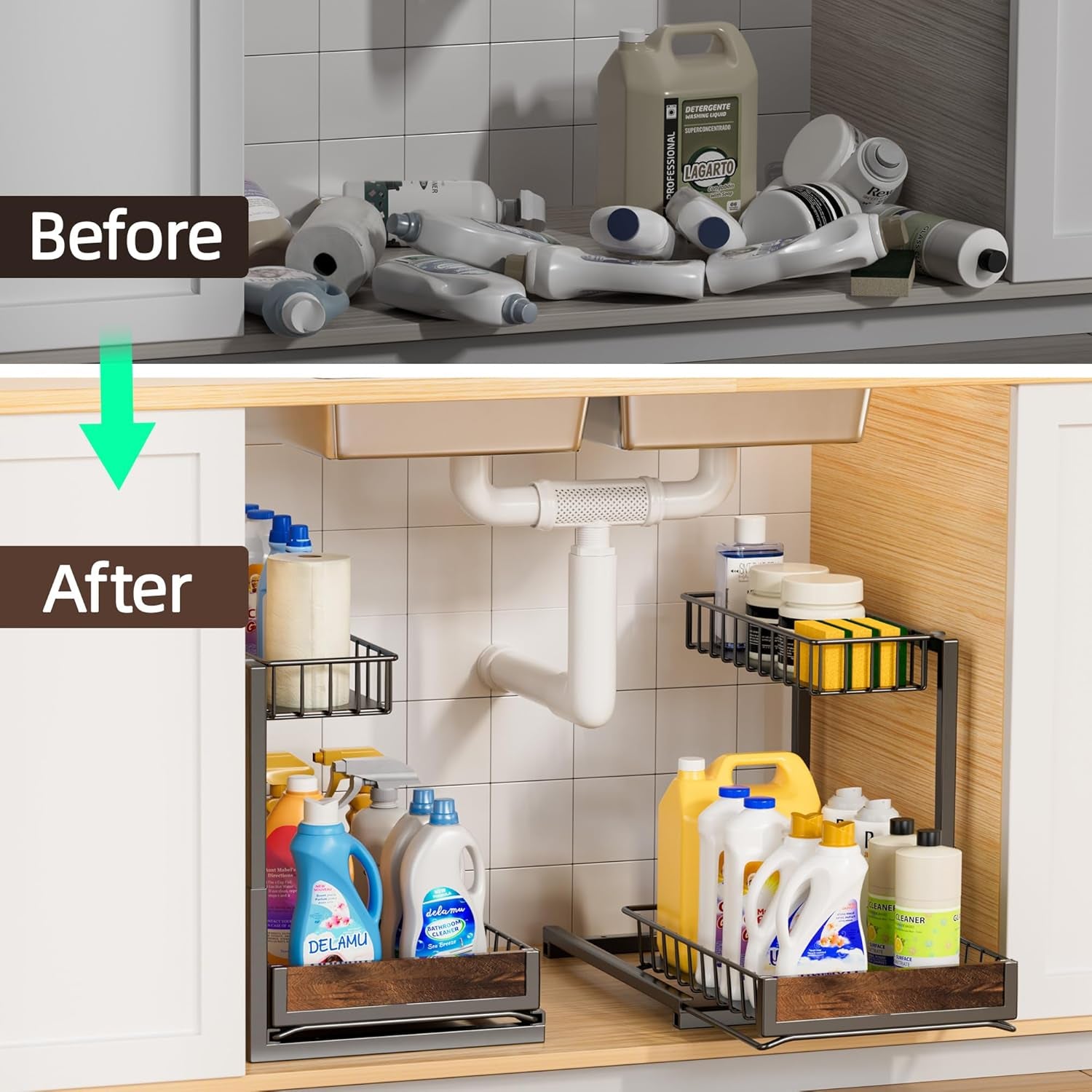 2 Pack under Sink Organizer and Storage, Height Adjustable under Kitchen Sink Organizer, 2 Tier Pull Out under Cabinet Organizer, Black under Counter Storage for Kitchen Bathroom