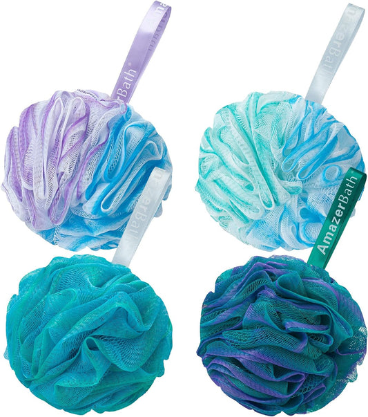 Loofah Sponge 75G/Piece, Exfoliating Bath Sponge Body Scrubber - Loofa Set of 4 Flower Color (Large, Green-Purple)