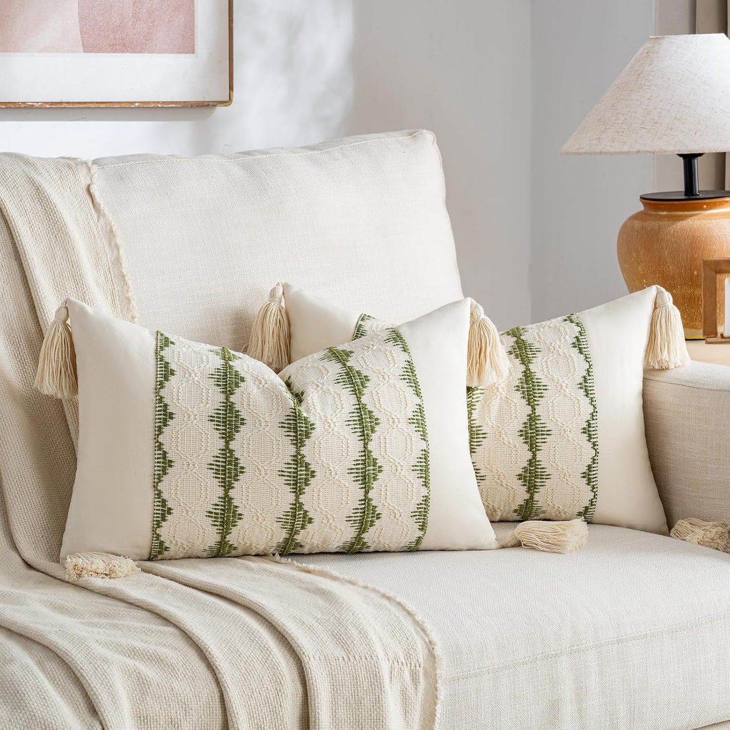 Set of 2 Boho Moss Green Lumbar Decorative Throw Pillow Cover 12X20 Inch for Couch Bed Sofa Chair, Modern Farmhouse Home Decor, Soft Cute Accent Rectangle Cushion Case with Tassels