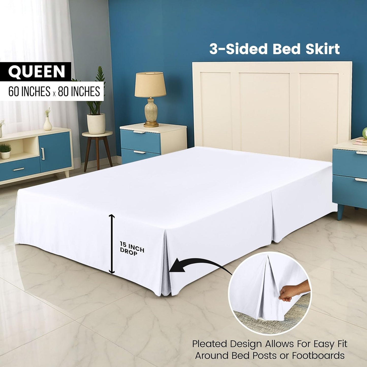 Queen Bed Skirt - Soft Quadruple Pleated Ruffle - Easy Fit with 16 Inch Tailored Drop - Hotel Quality, Shrinkage and Fade Resistant (Queen, White)