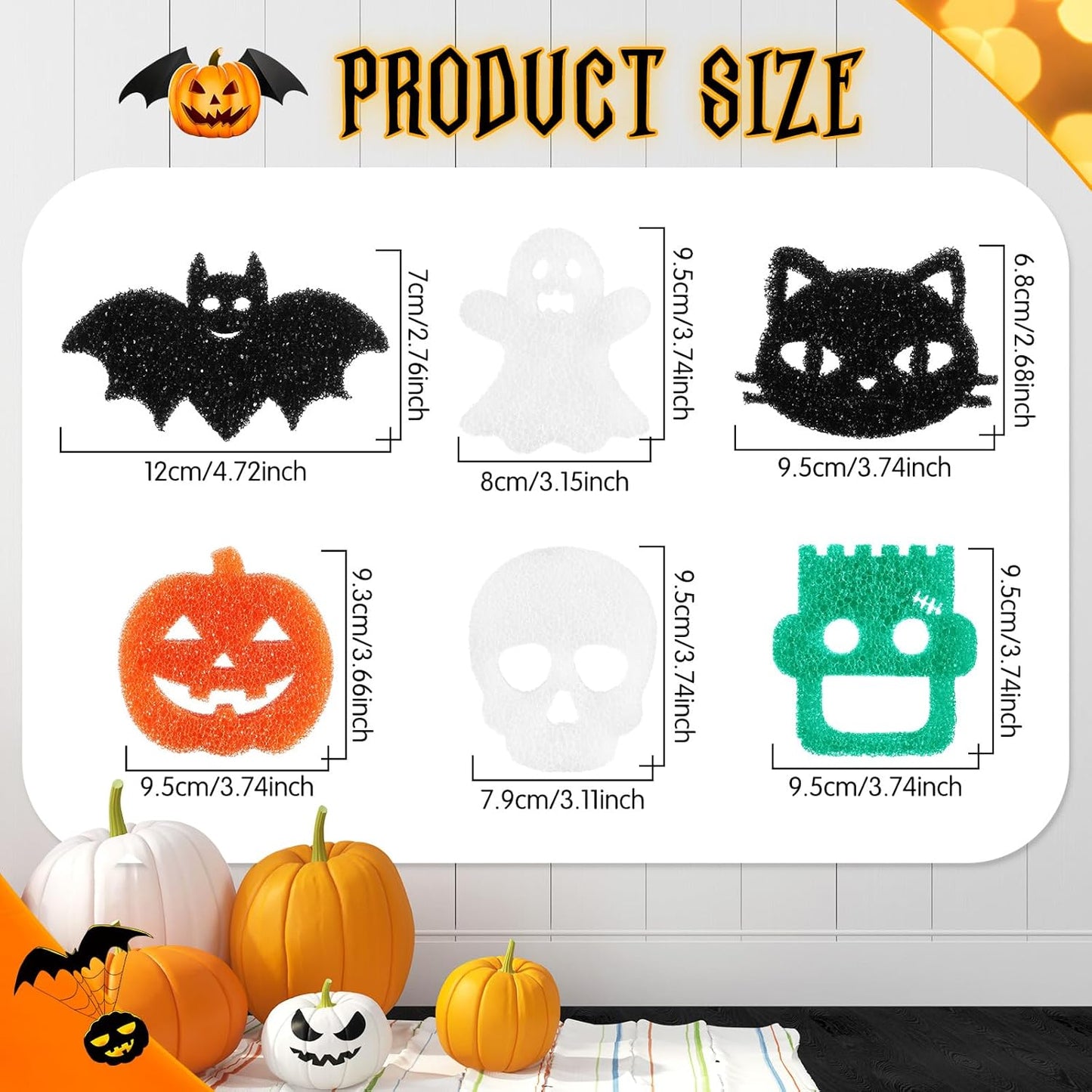 6-Pack Halloween-Themed Non-Scratch Cleaning Sponges for Kitchen Use - Ghost, Bat, Pumpkin, and Cat Designs with Temperature Sensitivity for Dishwashing and Household Cleaning