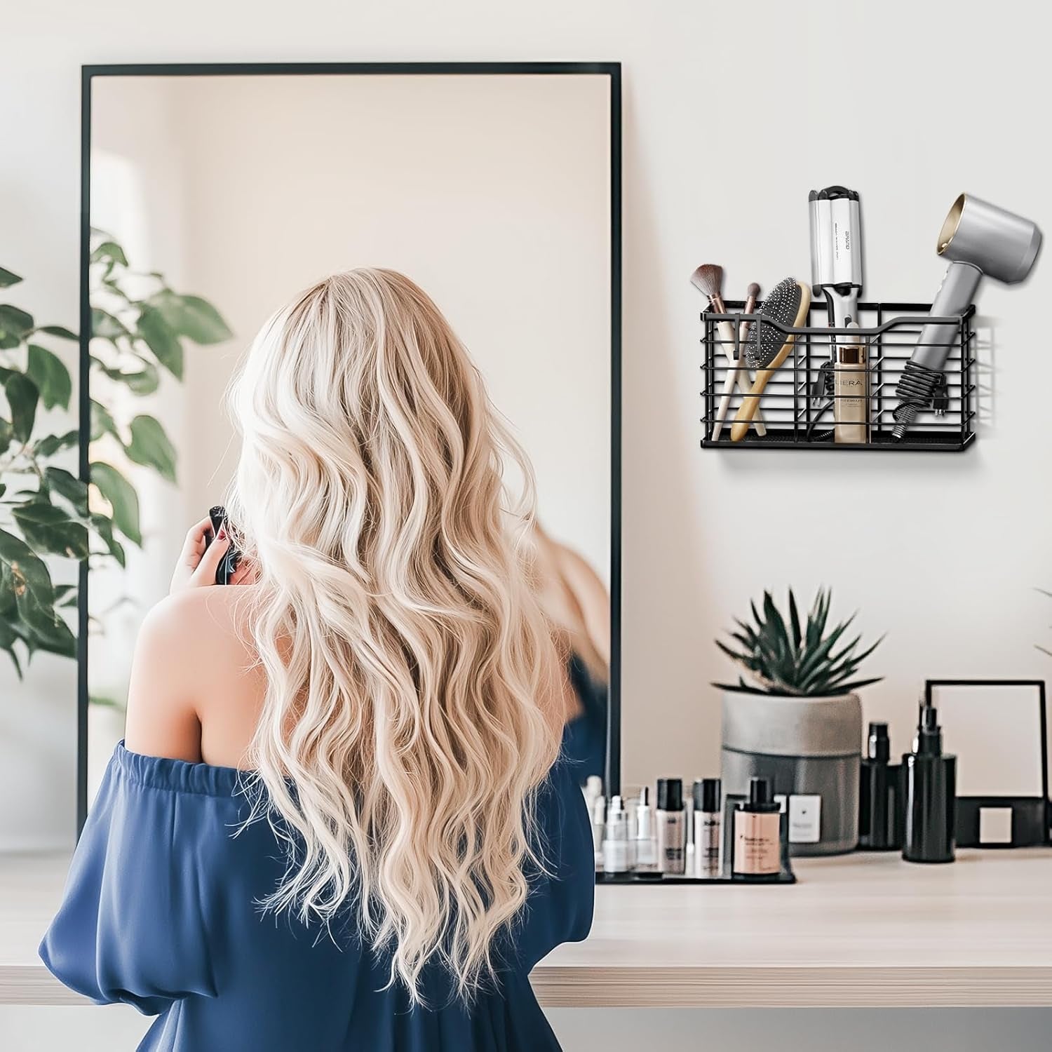 Hair Dryer Holder Hair Tool Organizer, Antirust Wall Mount Bathroom Hair Care Styling Tool Storage Basket for Hair Dryer, Curling Wands, Hair Straighteners