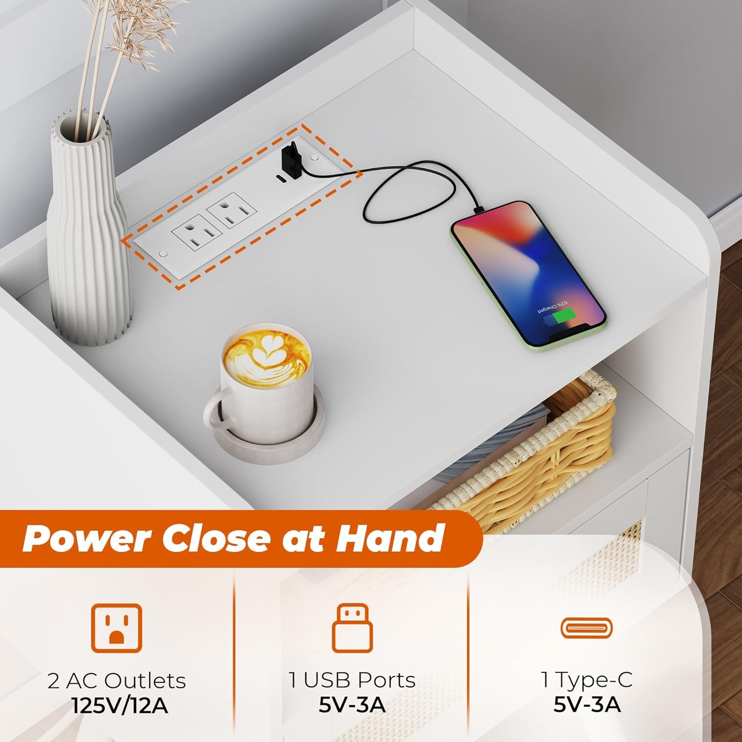 Elegant Nightstand with Integrated Charging Station and Rattan-Inspired Drawer, Solid Wood Leg End Table with Open Storage for Bedroom, Living Room, and Dormitory - White