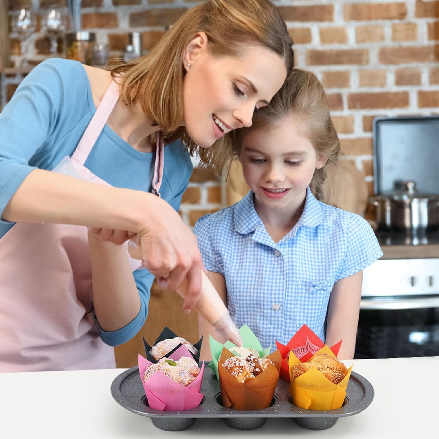 Standard Tulip Cupcake Liners - 120 Count Greaseproof Muffin Baking Cups for Weddings, Birthdays, Baby Showers, Festivals, and Christmas (Natural/White/Brown)