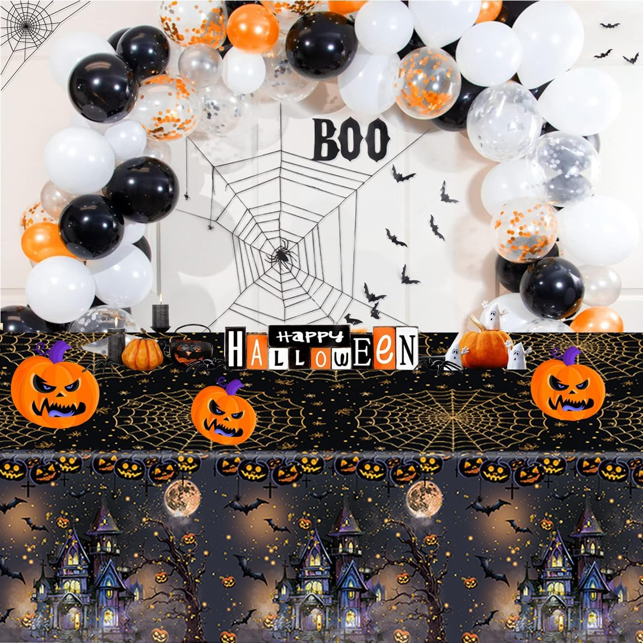 3 Packs Black Halloween Tablecloth 54 X 108 Inches Scary Castle Ghost Pumpkin Table Cloth Disposable Waterproof Plastic Bat Gold Spider Web Table Cover Trick or Treat for Halloween Party Dining