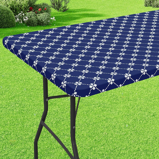 Rectangle Vinyl Table Cloth, Elastic Fitted Tablecloth with Flannel Backing, Waterproof Plastic Table Cover Fits 6 Foot Folding Tables for Camping, Indoor and Outdoor (Navy, 30" X 72")