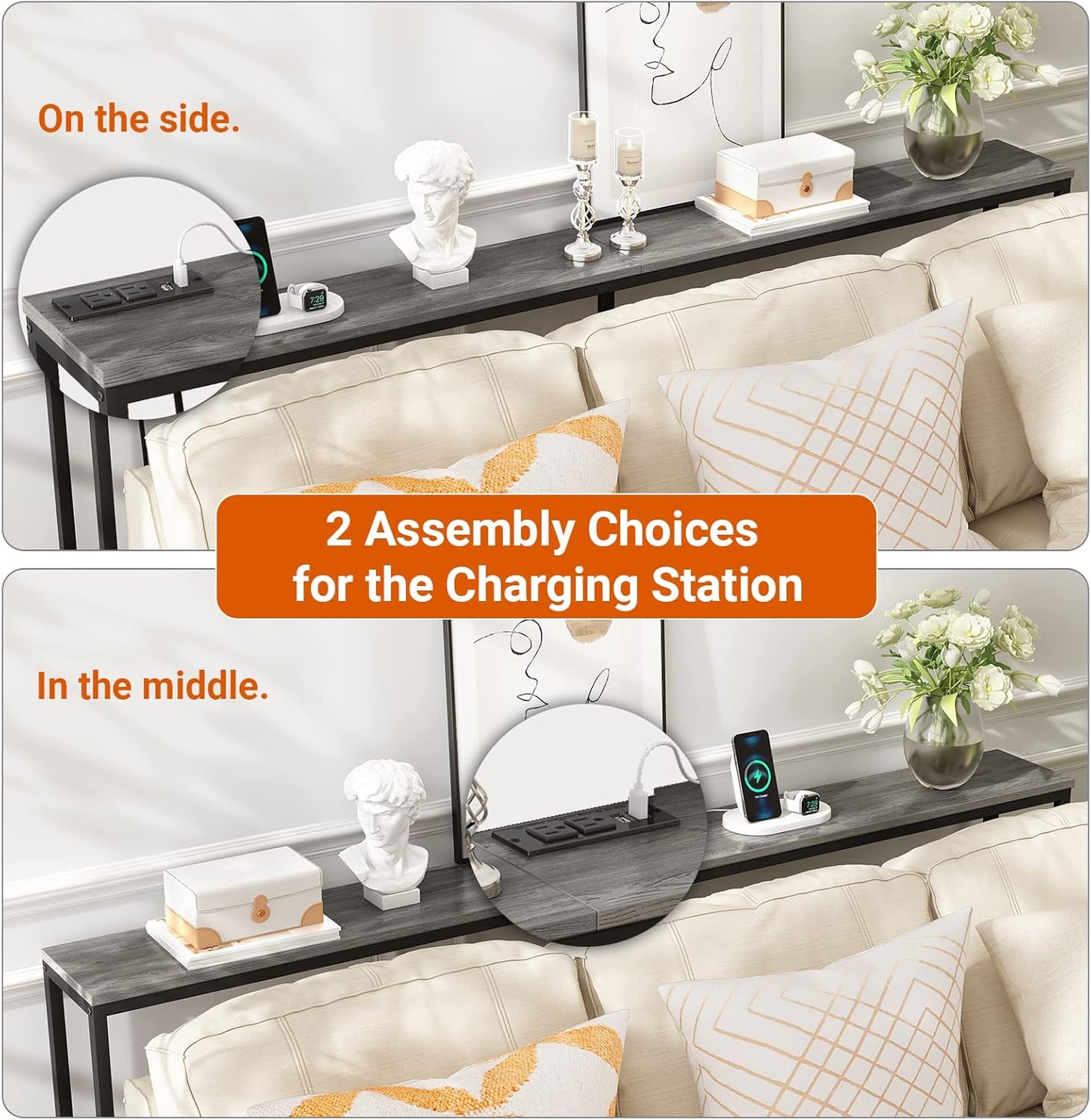 70-Inch Console Table with Built-In Charging Station, Narrow Entryway Hall Table in Charcoal Gray for Living Room Use