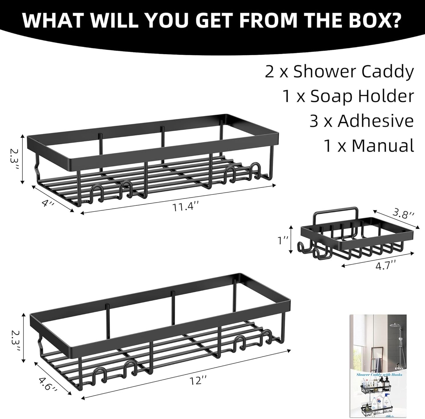 3-Pack Shower Caddy Basket Shelf with Soap Holder, No Drilling Traceless Adhesive Shower Wall Shelves, Rustproof Black Bathroom Shower Storage Organizer