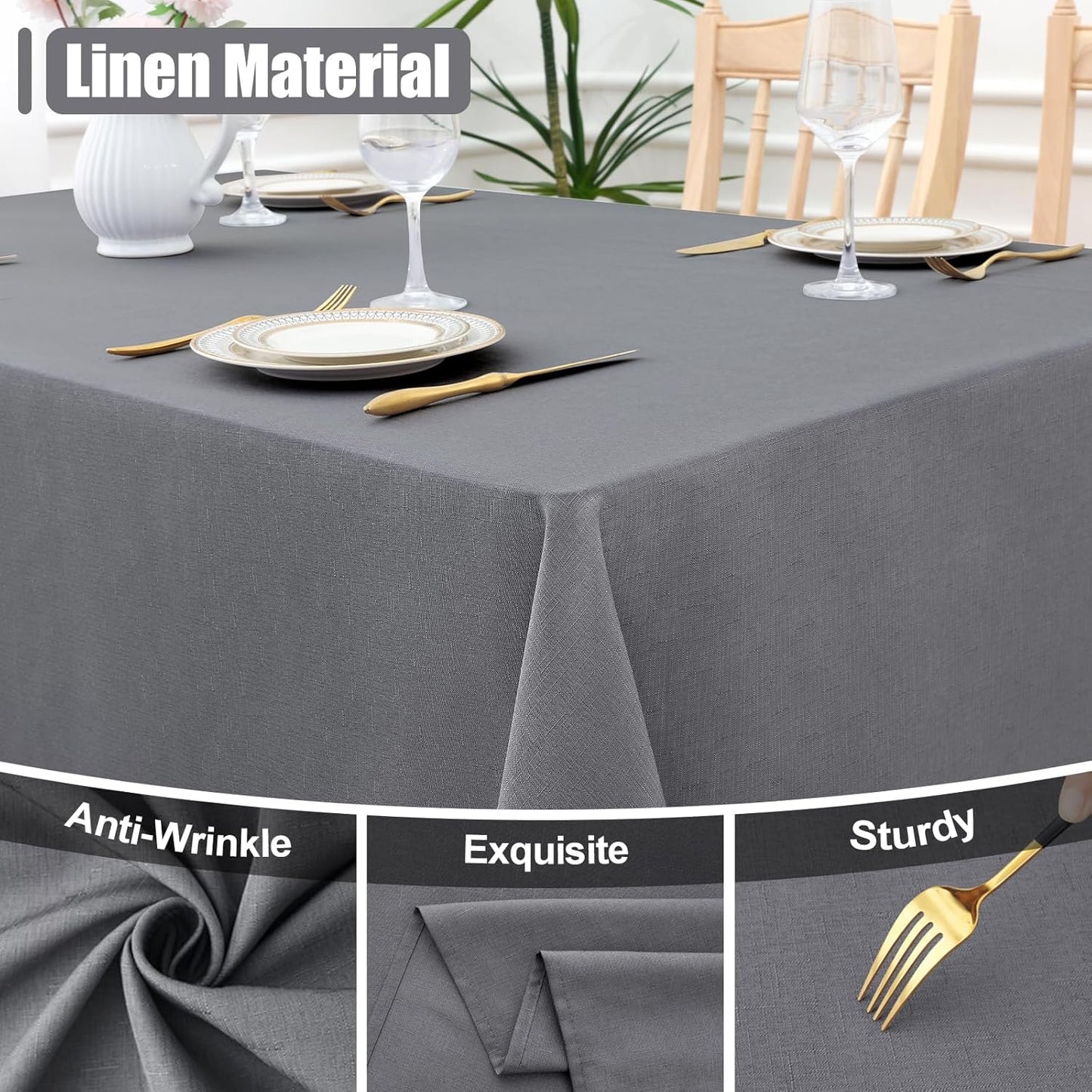Rectangle Table Cloth Linen Textured, Waterproof Spillproof Anti-Wrinkle Burlap Tablecloth, Washable Decorative Fabric Table Cover for Dining, Party, Banquet, 52 X 70 Inch, Grey