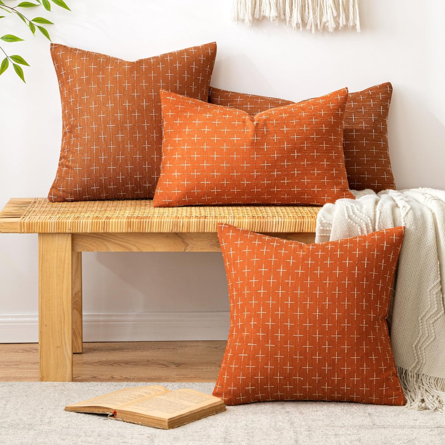 Fall Pack of 2 Decorative Burlap Linen Throw Pillow Covers Modern Farmhouse Pillowcase Rustic Woven Textured Cushion Cover for Sofa Couch Bed 18X18 Inch Burnt Orange