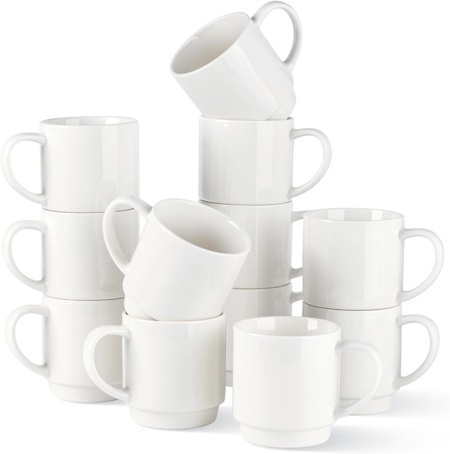 Stackable Ceramic Coffee Mugs Set of 12, 11oz Porcelain Mugs for Latte, Cappuccino, and Cocoa - Dishwasher and Microwave Safe, Off White