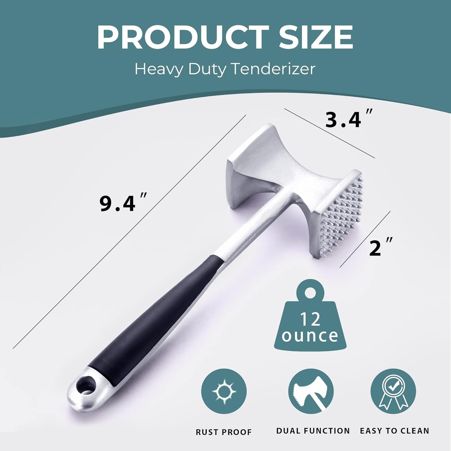 Meat Tenderizer Hammer with Comfortable-Grip Handle, Dual-Side Mallet for Kitchen, Heavy Duty Pounder for Tenderizing Steak, Beef and Fish