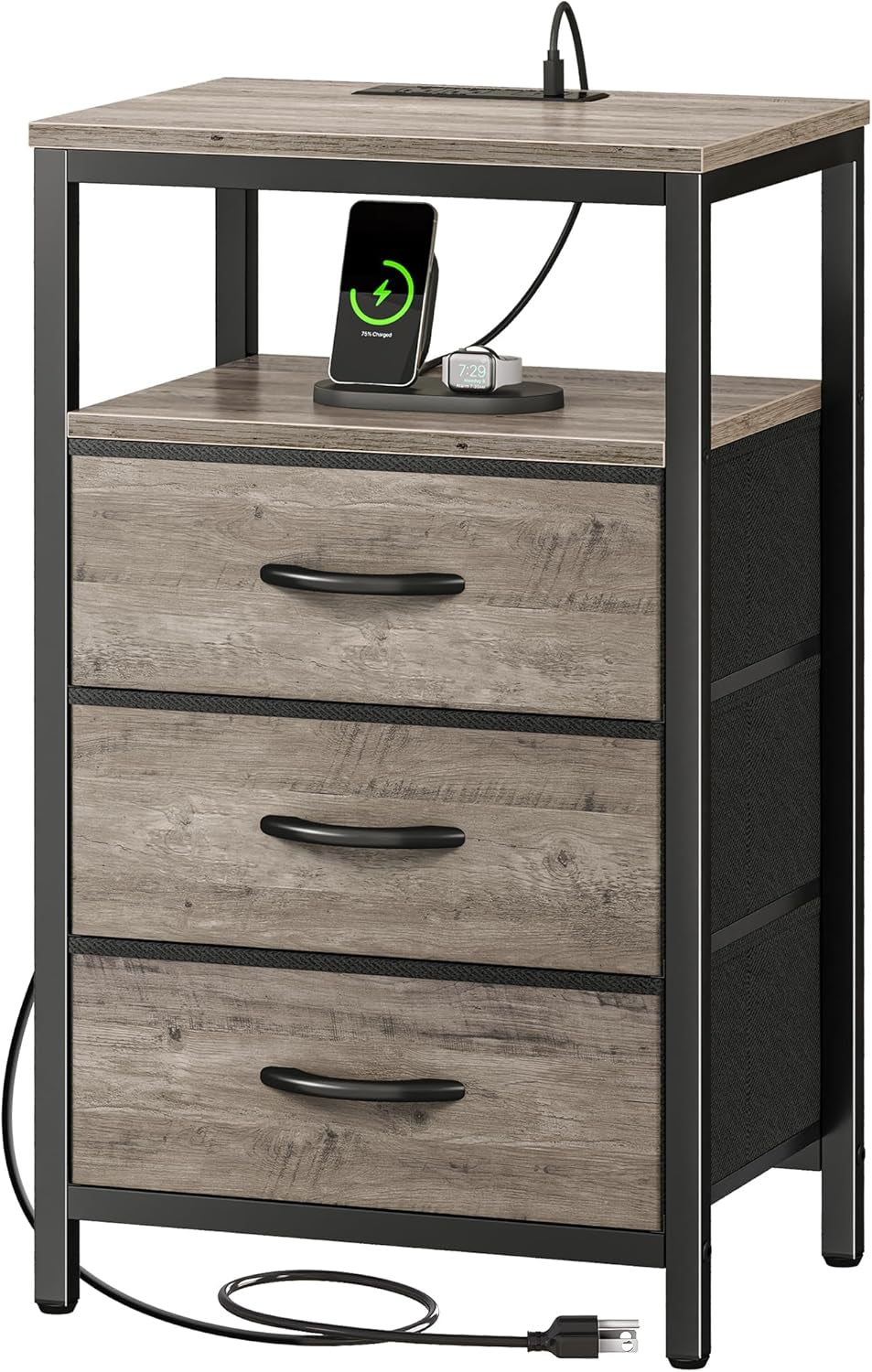 27.6-Inch Nightstand with Charging Station, End Table Featuring USB Ports and Outlets, Bedroom Night Stand with Fabric Drawers in Oak Finish