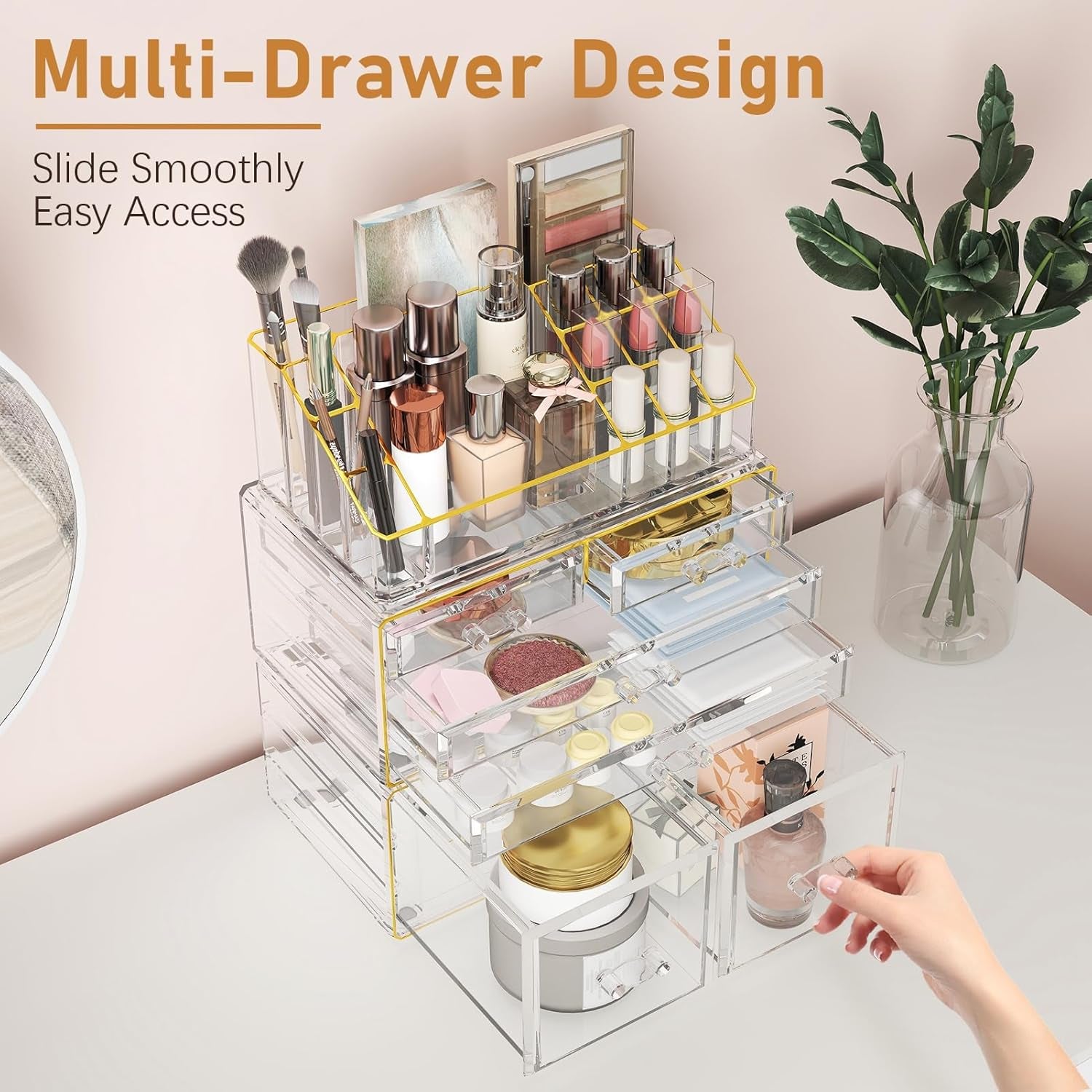 3-Tier Acrylic Makeup Organizer Countertop - Cosmetic Organizer with 6 Drawers, Vanity Organizer for Bathroom/Bedroom, Stackable Makeup Organizers for Lipstick Brush, Skincare, Perfume, Clear