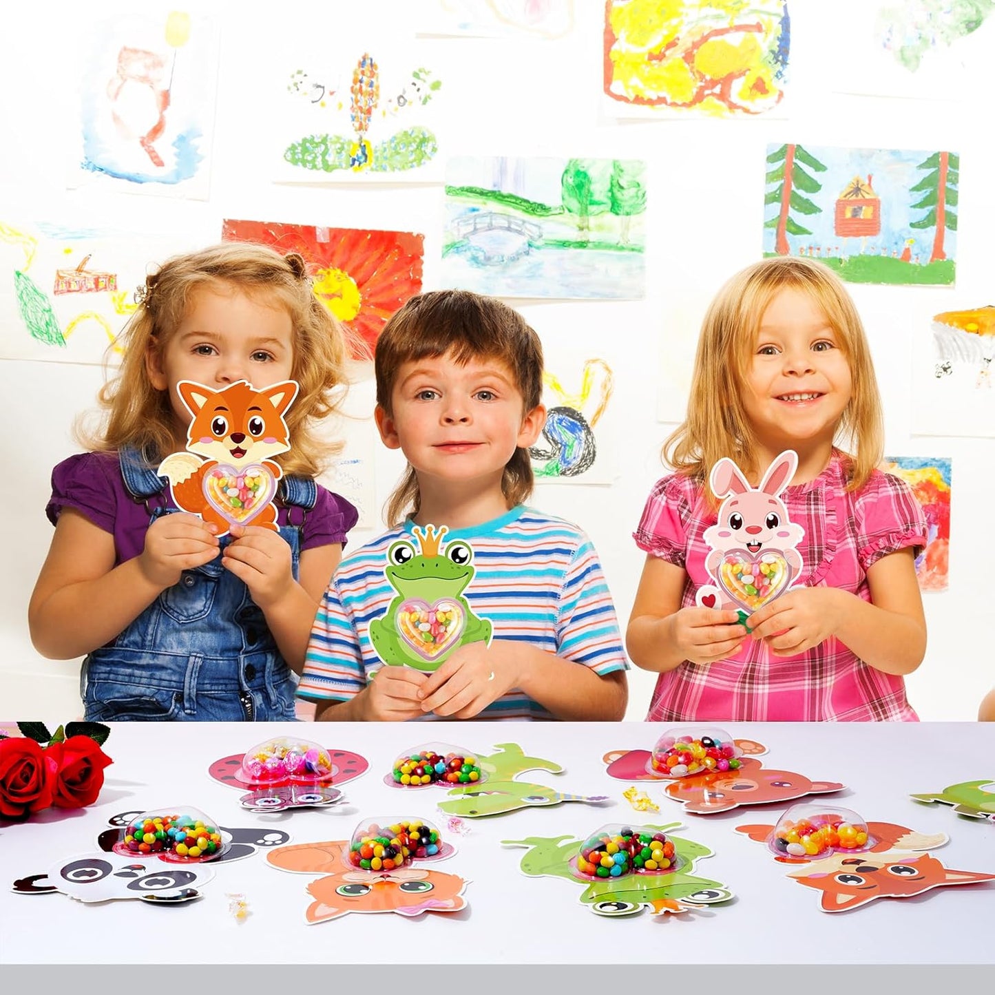 36Set Valentines Day Cards with Candy Dome Holders, Cute Animal Valentines Candy Holder Cards for Kids, Funny Valentines Exchange Greeting Cards DIY Gift Box School Classroom Crafts Prize Party Favors