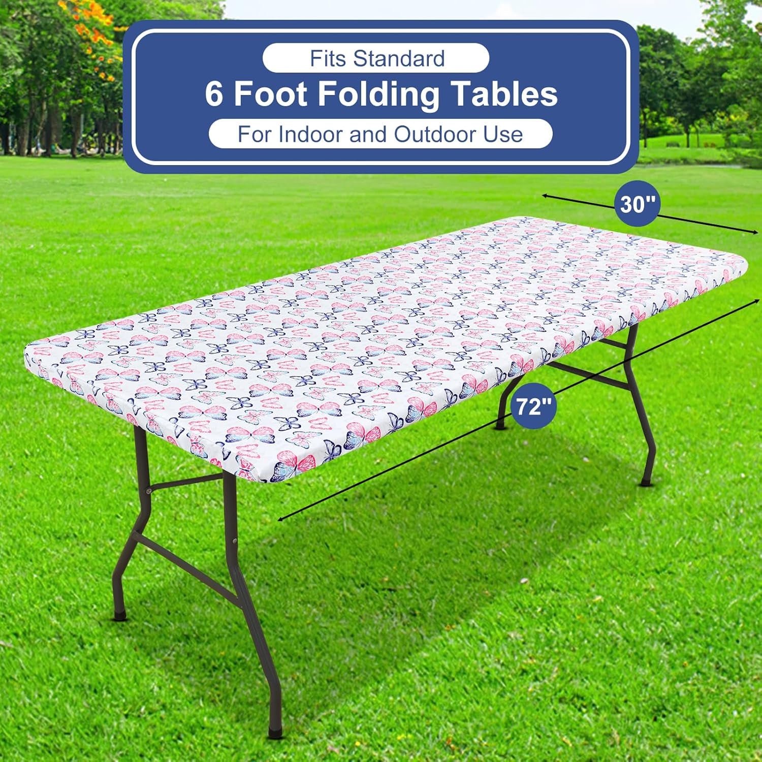 Rectangle Printed Fabric Tablecloth, Elastic Fitted Table Cloth for 6 Foot Table, Washable Polyester Table Cover for Outdoor, Picnic, Camping and Indoor, (Butterflies, 30" X 72")