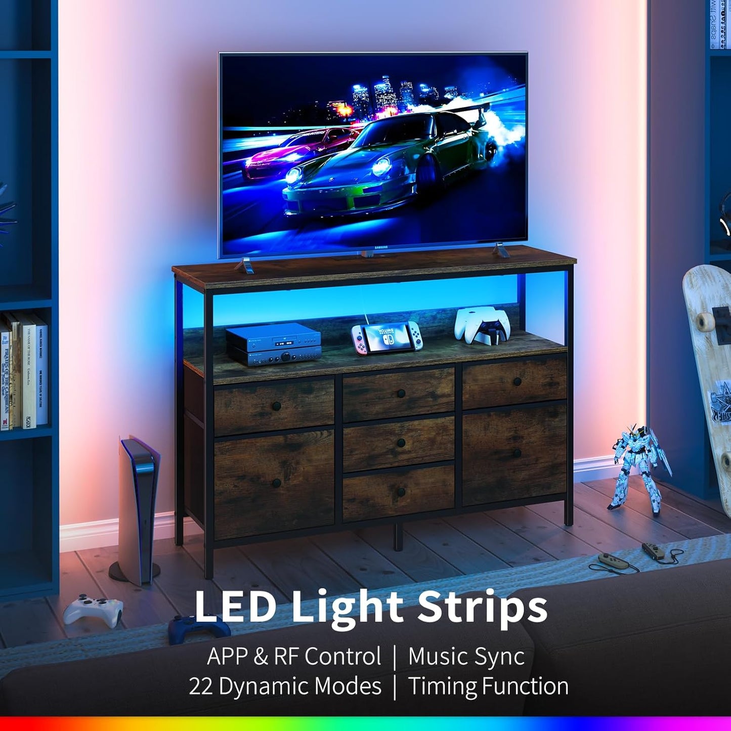 LED TV Stand for Bedroom, 50 Inch Kids Dresser with Power Outlets, 7 Drawers Entertainment Center with Storage Shelf, Living Room Console