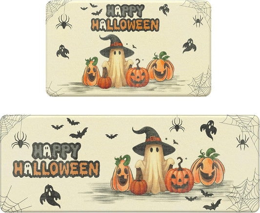 Halloween Decorations - Kitchen Mats for Floor, 2PCS Kitchen Rugs, Cushioned anti Fatigue Mat for Home Decor, Waterproof Non-Slip Comfort Standing Mat for Laundry, 17.3"X47"+17.3"X30", Beige