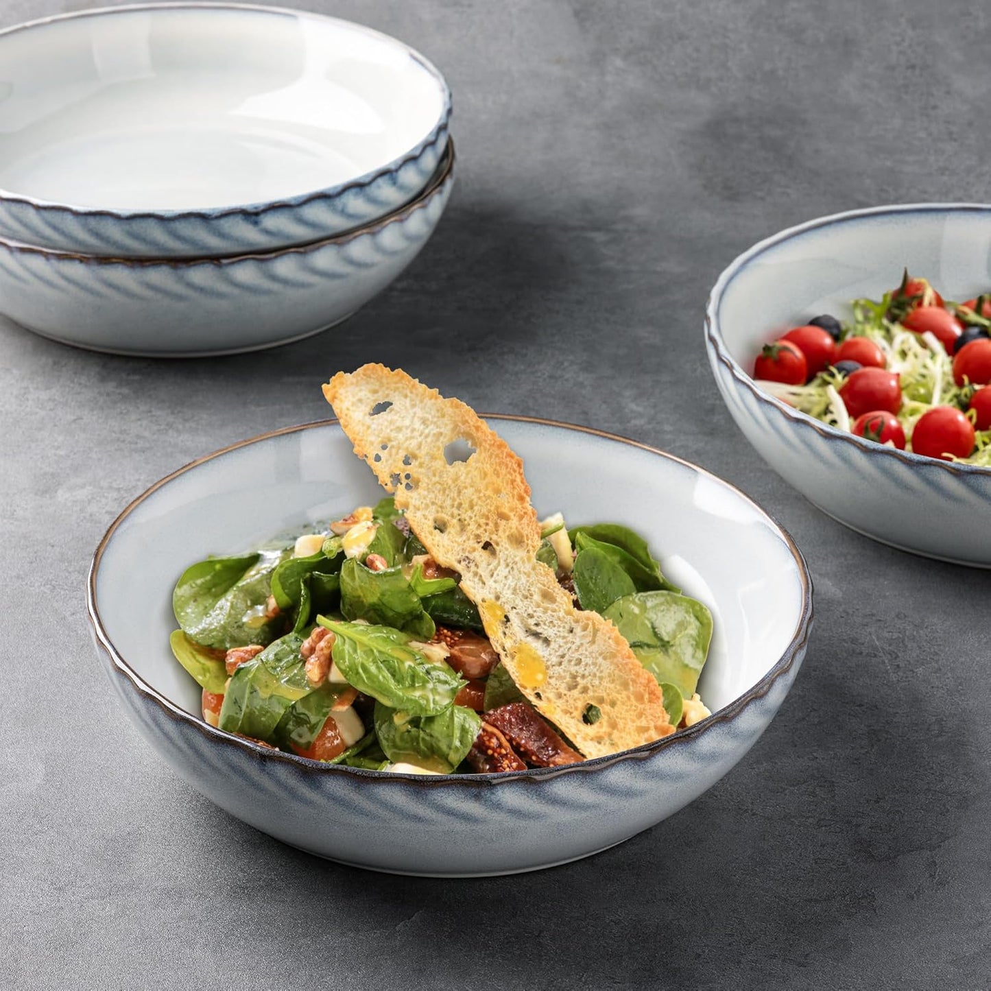 Set of 4 Large 8.5'' Stoneware Pasta and Salad Bowls, 38 Ounce Capacity, Textured Ceramic Serving Bowls for Pasta, Fruit, Stews, and Noodles - Ideal Housewarming Gift