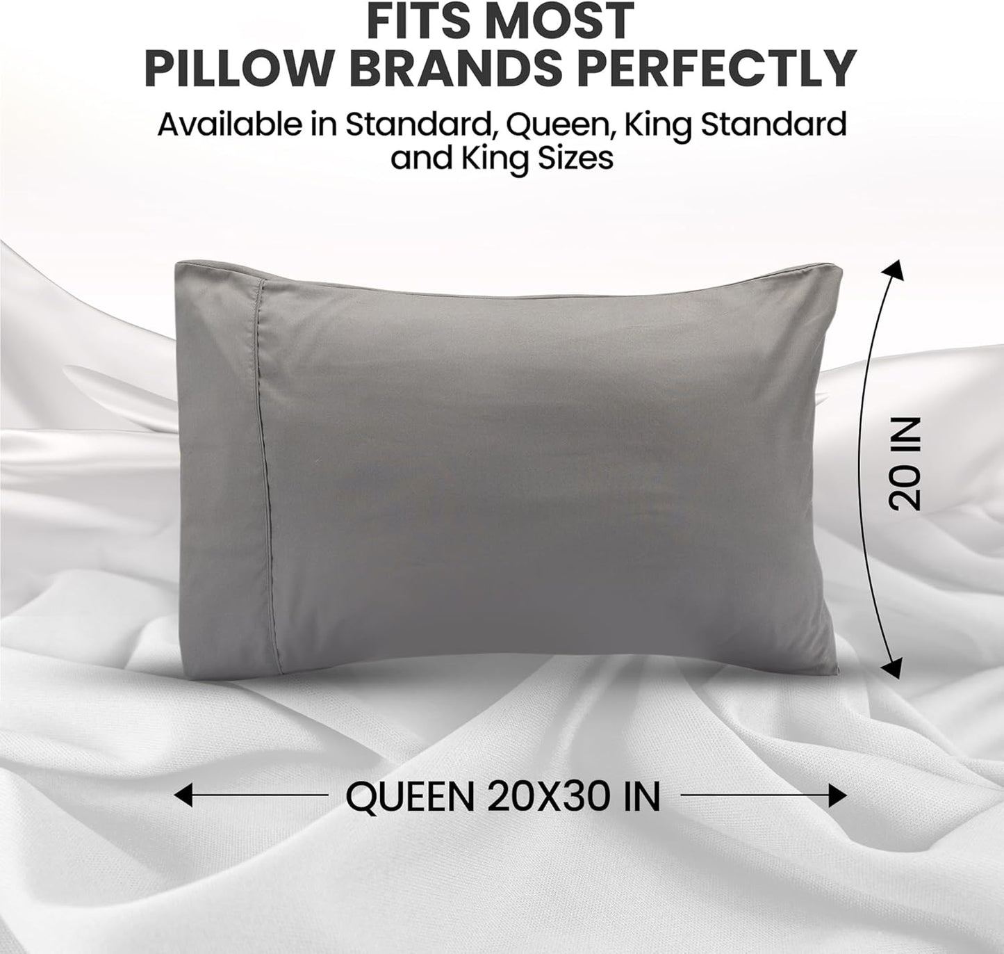 Pillow Cases Queen Size 2-Pack – Soft Brushed Microfiber – Envelope Closure – Perfect for Hospitals, Hotels, Guest Rooms – Oeko-Tex Certified, 20X30 Inches (Grey)